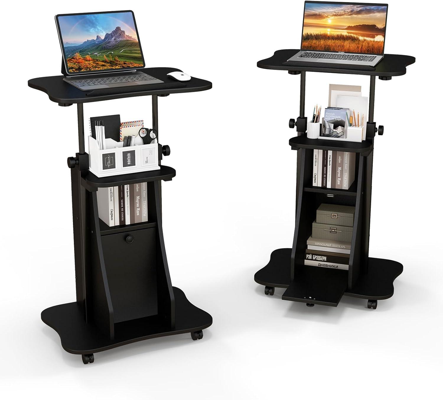 image:imageGiantex Mobile Podium Stand SittoStand Laptop Cart with Tilting Tabletop amp Storage Cabinet Lockable Casters HeightAdjustable Rolling Lectern for Classroom Church Home Office Black 2 PackBlack