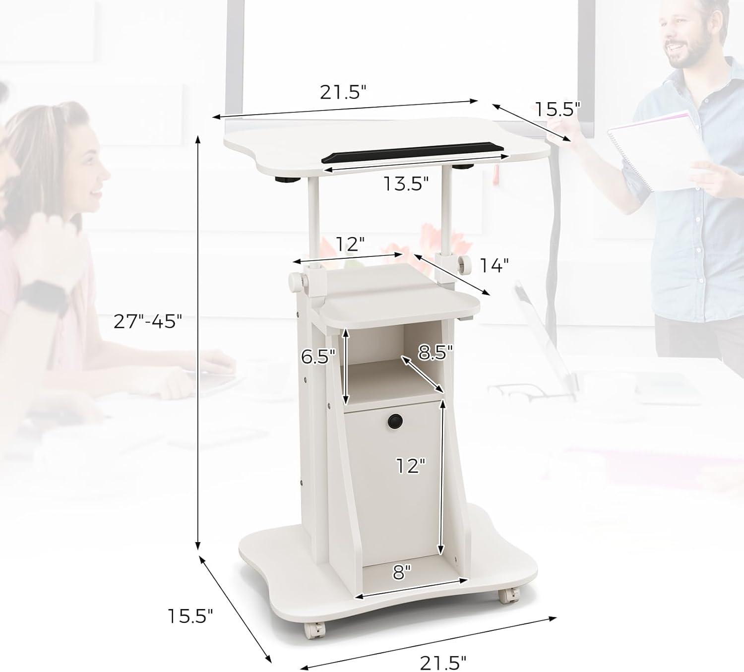 image:imageGiantex Mobile Podium Stand SittoStand Laptop Cart with Tilting Tabletop amp Storage Cabinet Lockable Casters HeightAdjustable Rolling Lectern for Classroom Church Home Office Black 2 PackWhite