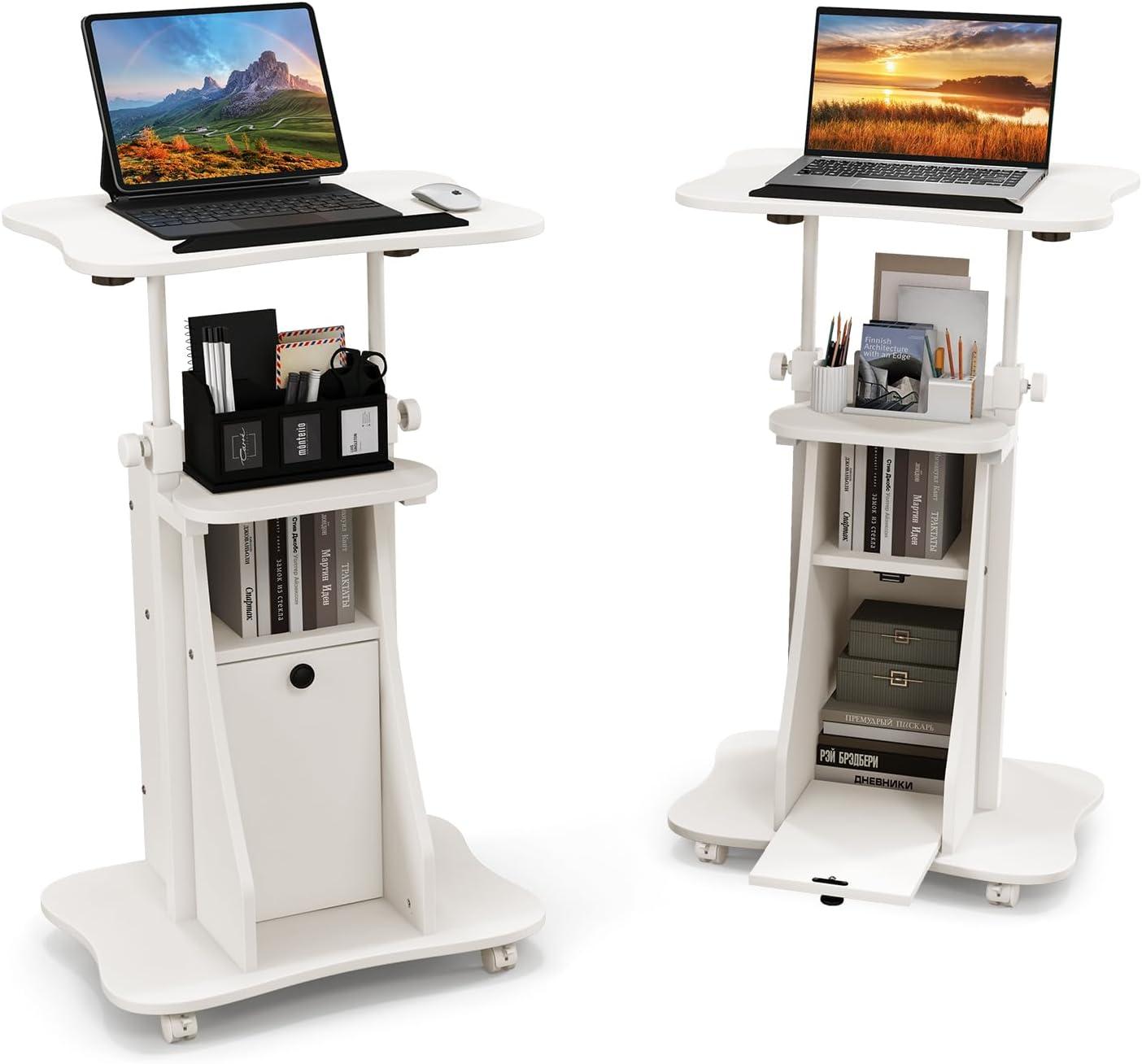 image:imageGiantex Mobile Podium Stand SittoStand Laptop Cart with Tilting Tabletop amp Storage Cabinet Lockable Casters HeightAdjustable Rolling Lectern for Classroom Church Home Office Black 2 PackWhite