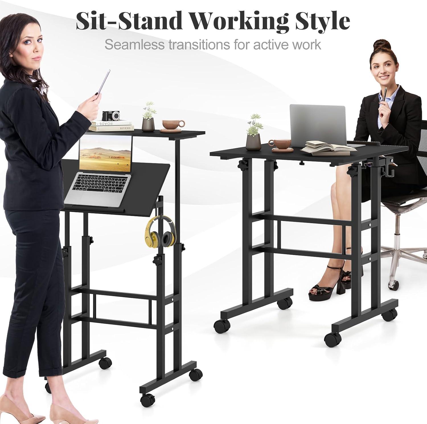 image:imageGiantex Mobile Standing Desk Portable Stand Up Desks Adjustable Height with Wheels amp Tilting Tabletop Home Office Computer Workstation Rolling Sit Stand Desk for Standing or Sitting NaturalBlack