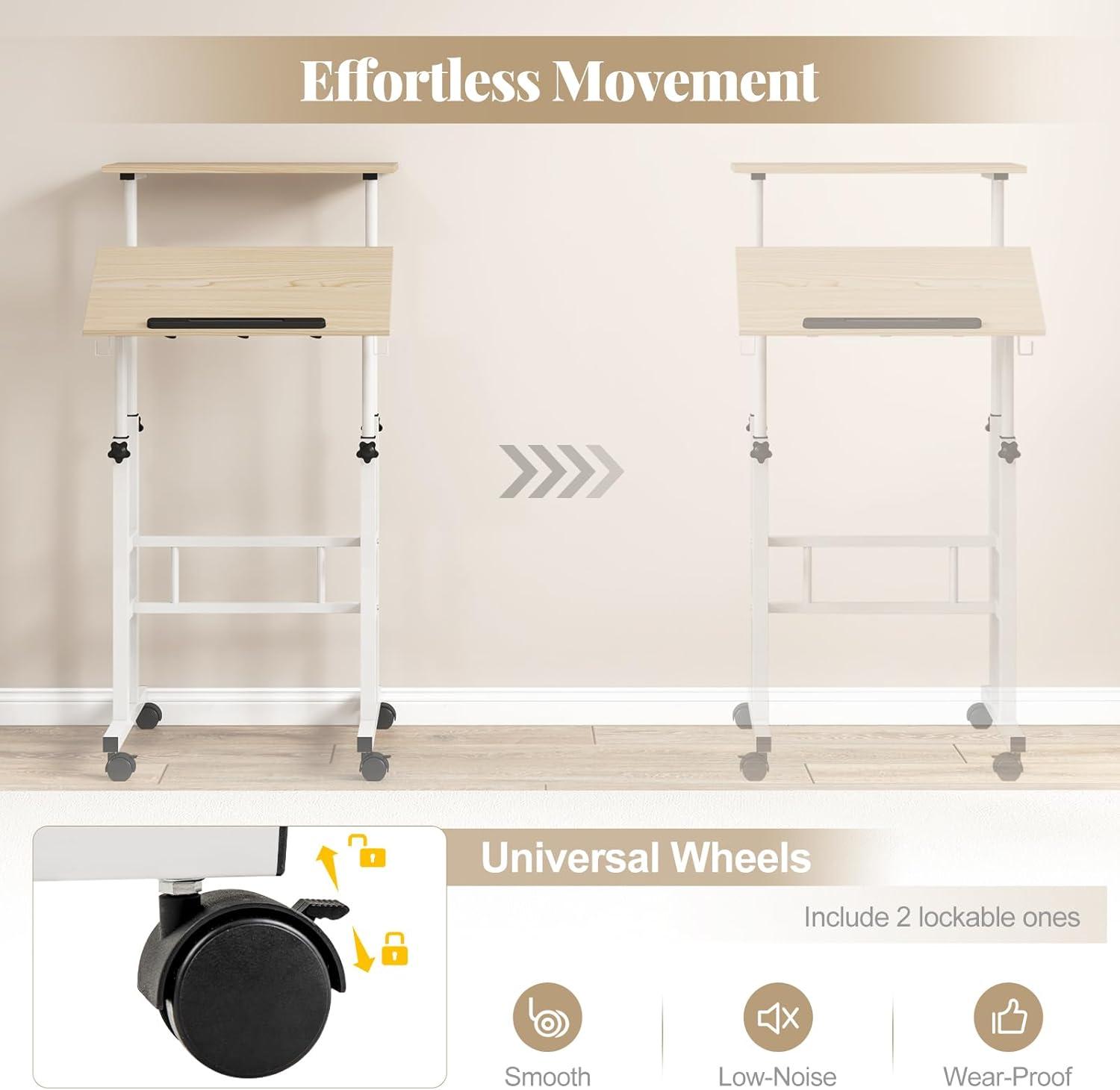 image:imageGiantex Mobile Standing Desk Portable Stand Up Desks Adjustable Height with Wheels amp Tilting Tabletop Home Office Computer Workstation Rolling Sit Stand Desk for Standing or Sitting NaturalNatural