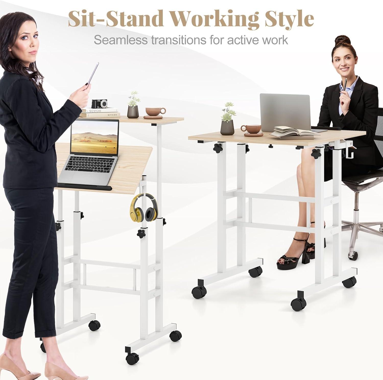 image:imageGiantex Mobile Standing Desk Portable Stand Up Desks Adjustable Height with Wheels amp Tilting Tabletop Home Office Computer Workstation Rolling Sit Stand Desk for Standing or Sitting NaturalNatural
