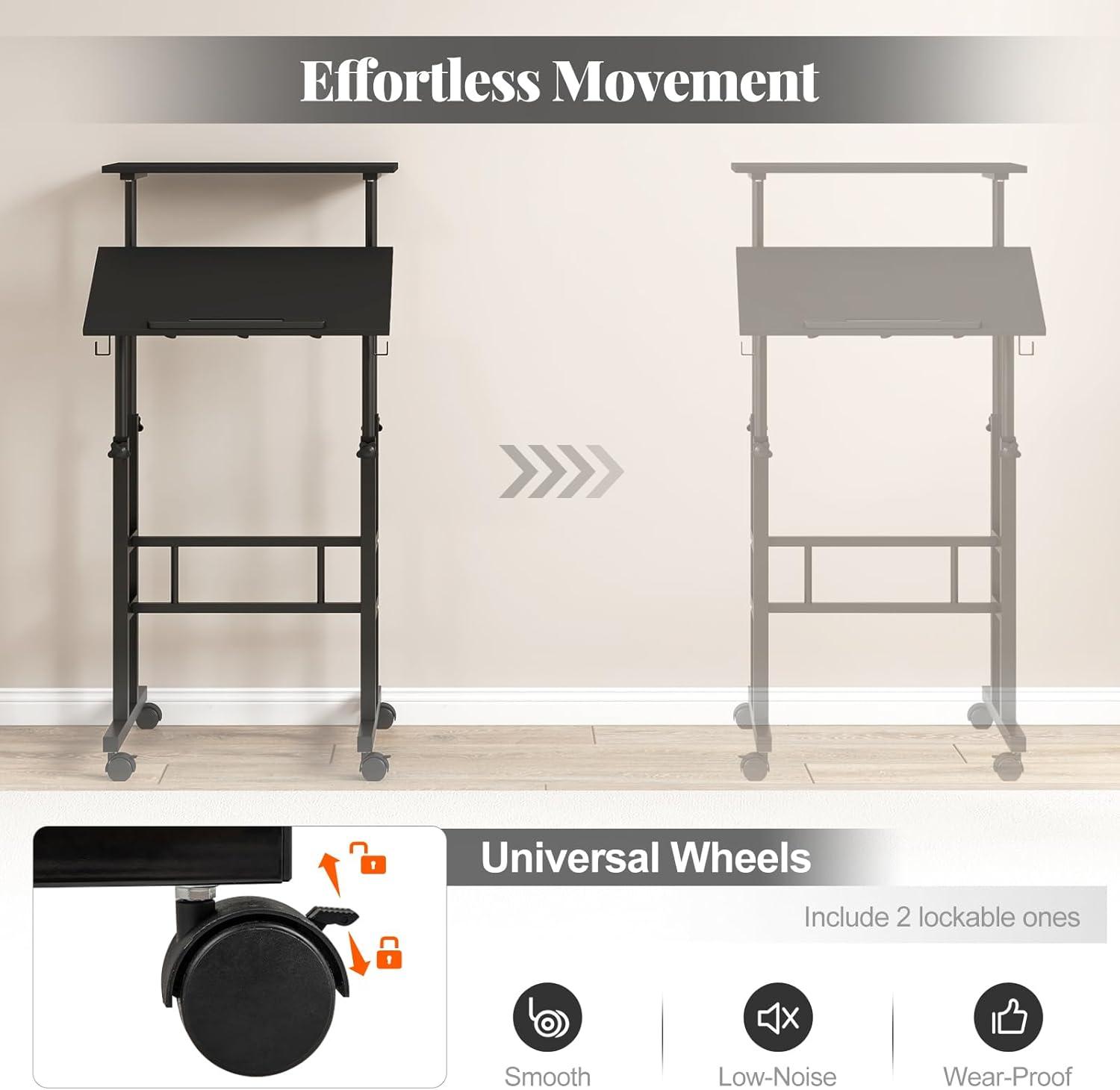 image:imageGiantex Mobile Standing Desk Portable Stand Up Desks Adjustable Height with Wheels amp Tilting Tabletop Home Office Computer Workstation Rolling Sit Stand Desk for Standing or Sitting NaturalBlack