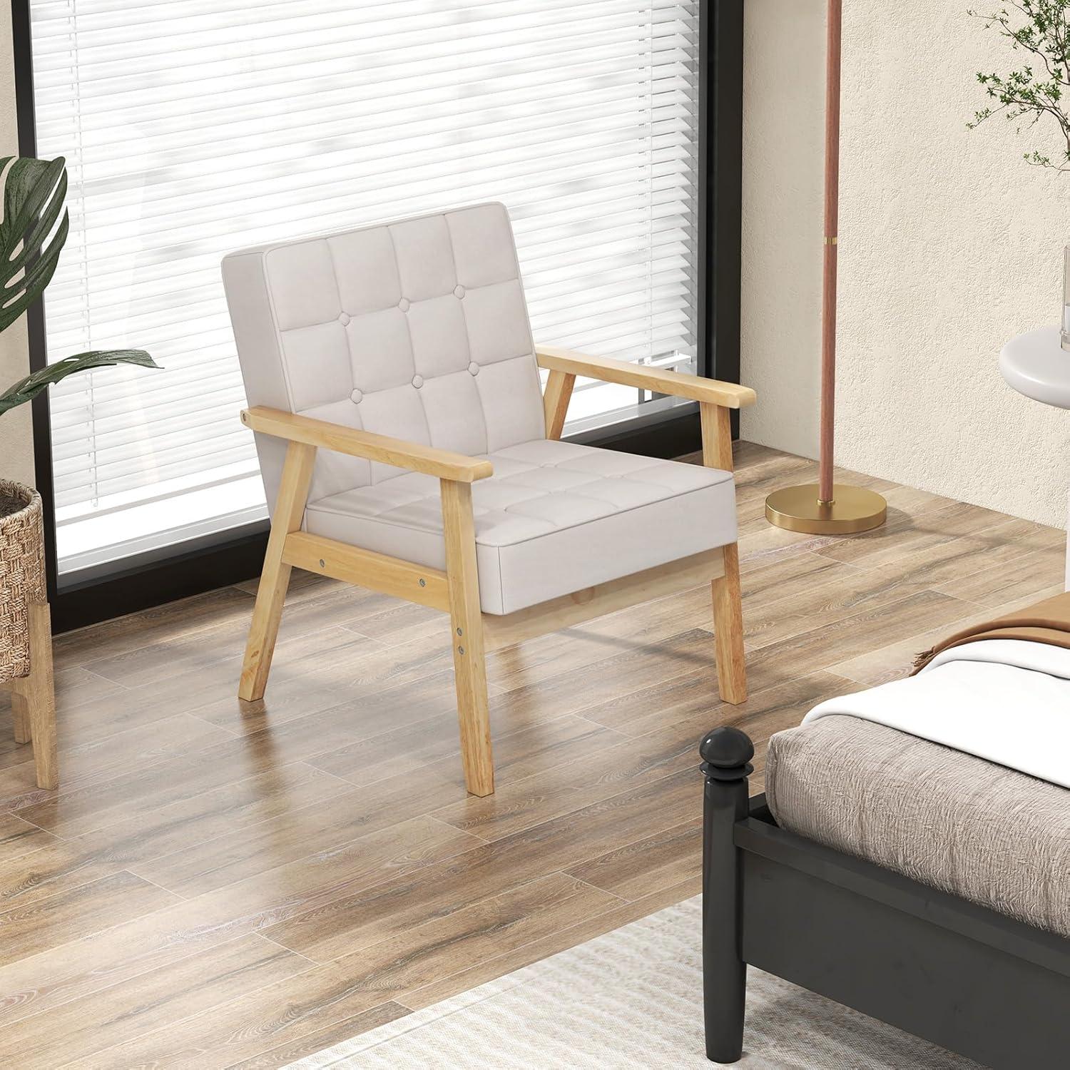 image:imageGiantex Modern Accent Chair Upholstered Armchair wRubber Wood Armrests Ergonomic Backrest Button Tufted Decoration Tufted Reading Chair for Living Room Bedroom Study Beige