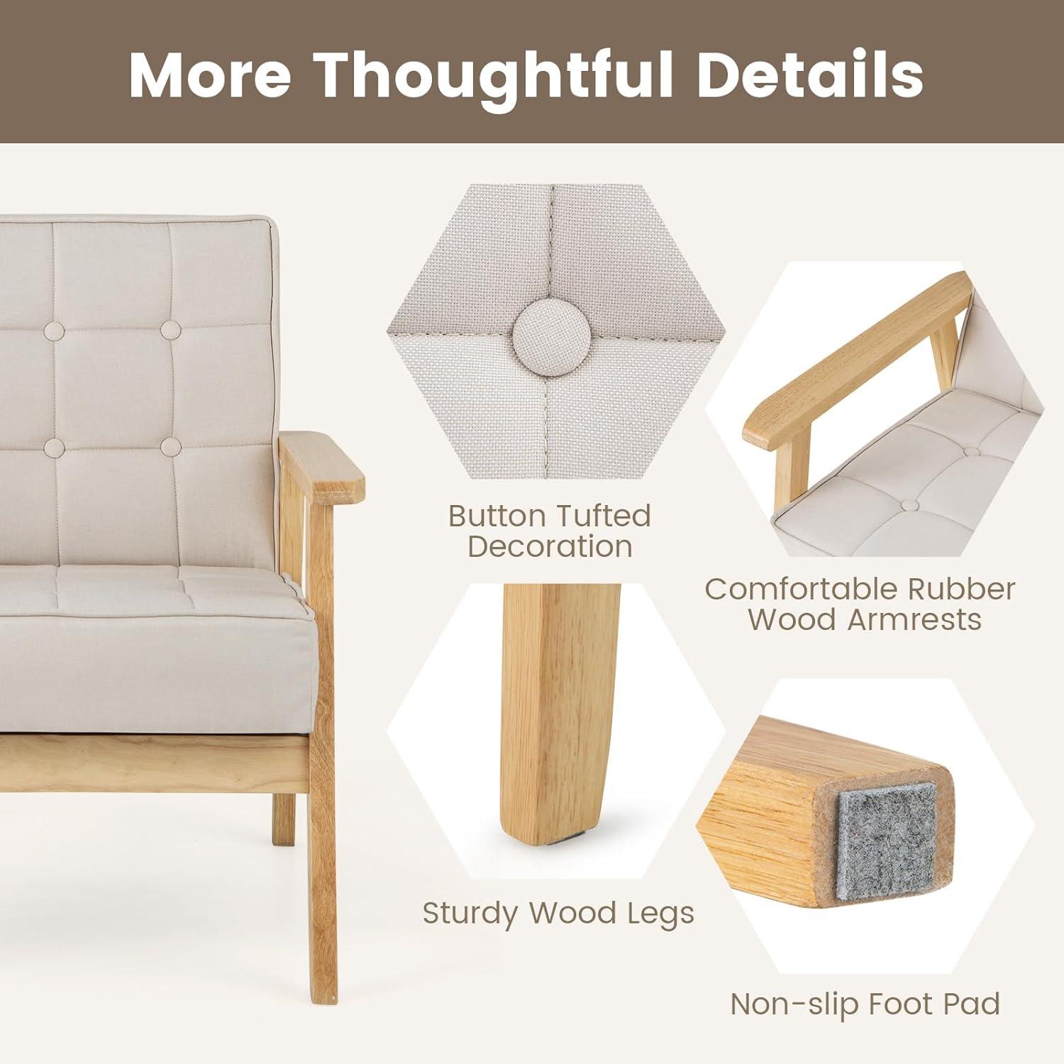 image:imageGiantex Modern Accent Chair Upholstered Armchair wRubber Wood Armrests Ergonomic Backrest Button Tufted Decoration Tufted Reading Chair for Living Room Bedroom Study Beige