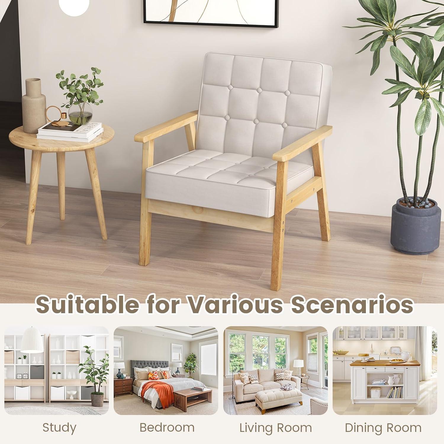 image:imageGiantex Modern Accent Chair Upholstered Armchair wRubber Wood Armrests Ergonomic Backrest Button Tufted Decoration Tufted Reading Chair for Living Room Bedroom Study Beige