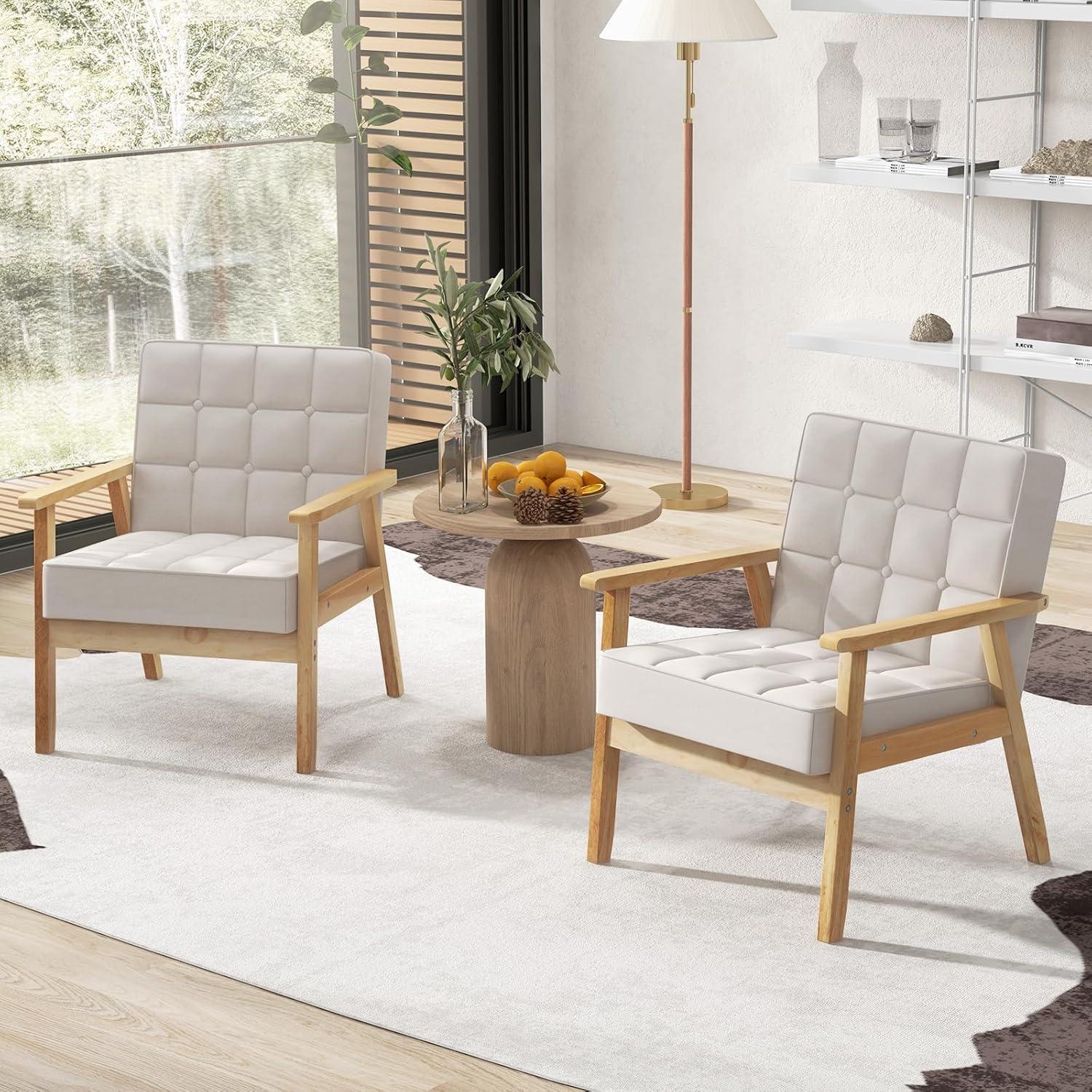 image:imageGiantex Modern Accent Chair Upholstered Armchair wRubber Wood Armrests Ergonomic Backrest Button Tufted Decoration Tufted Reading Chair for Living Room Bedroom Study Beige