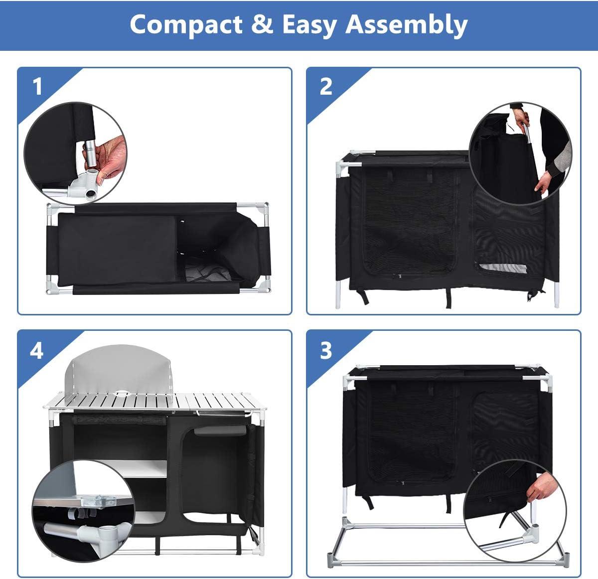 image:imageGiantex Outdoor Camping Kitchen Table Portable Camping Grill Table with Windscreen and Remove Sink Outdoor Camping Cook Station for BBQ Party Picnics Backyard ActivitiesBlack