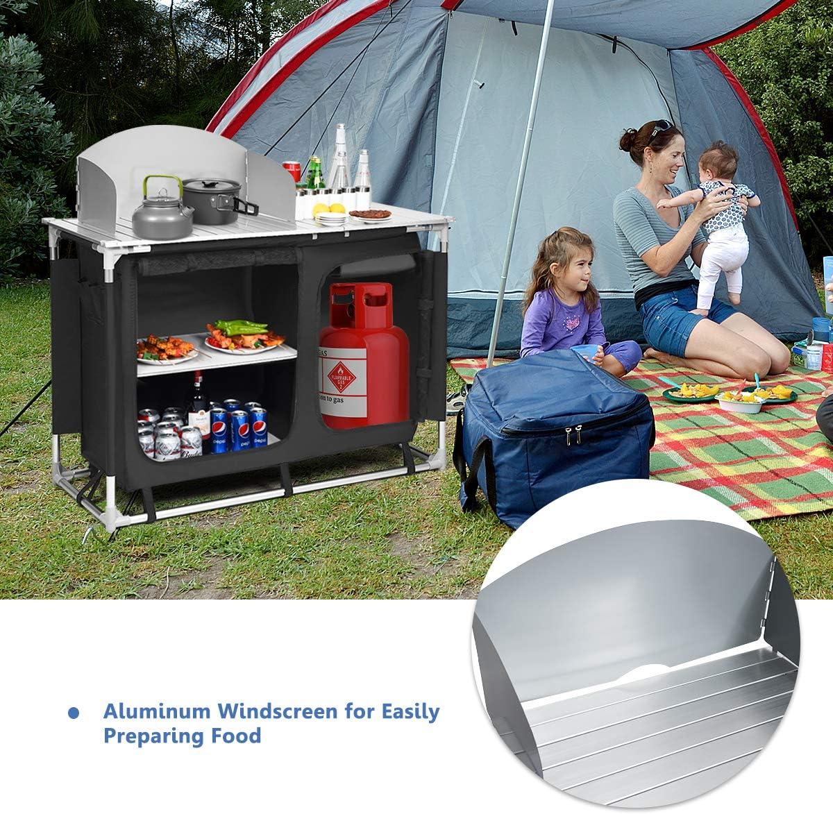 image:imageGiantex Outdoor Camping Kitchen Table Portable Camping Grill Table with Windscreen and Remove Sink Outdoor Camping Cook Station for BBQ Party Picnics Backyard ActivitiesBlack
