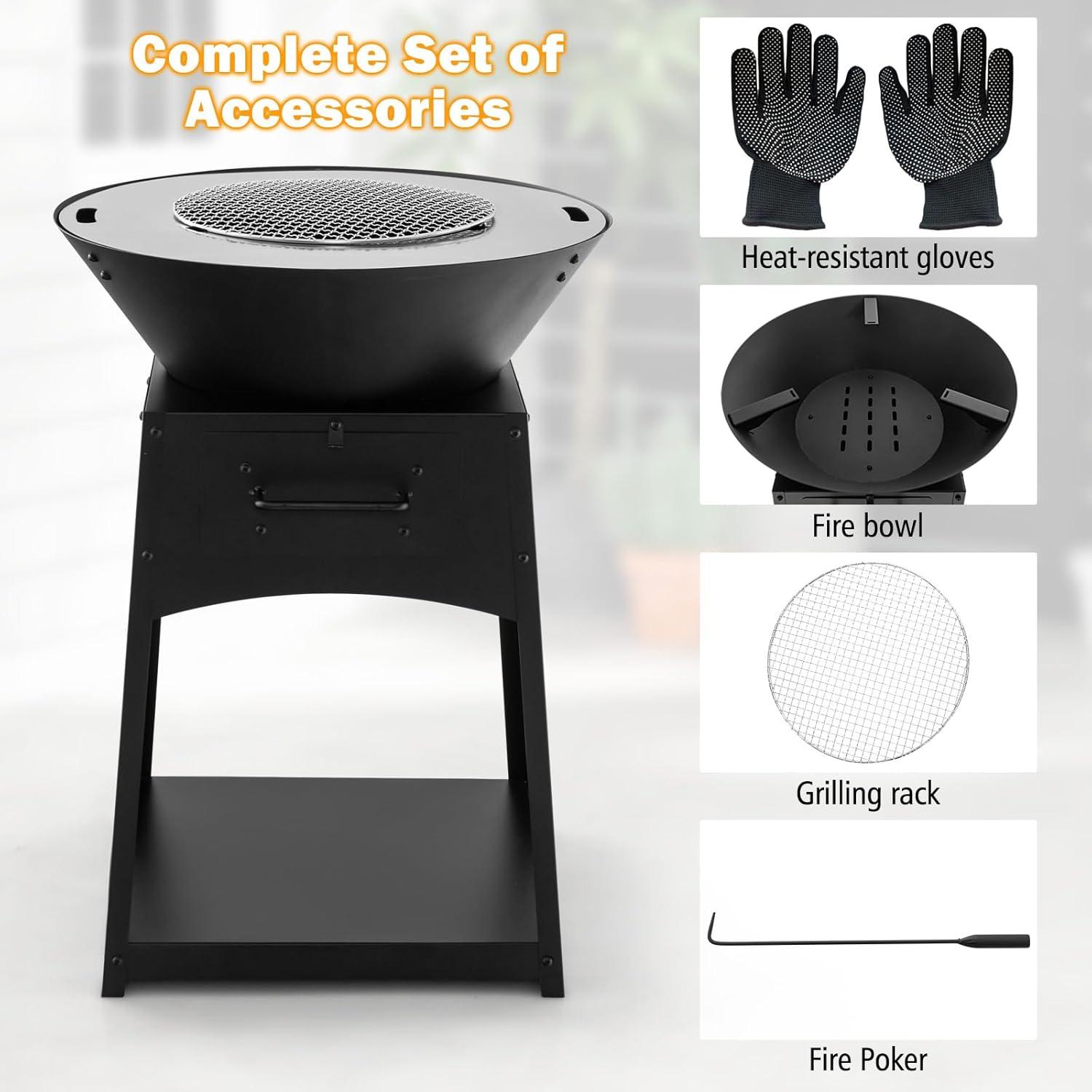 image:imageGiantex Outdoor Fire Pit with Grill Heavy Duty Wood Burning Fire Pit wFire Poker Gloves Grilling Rack Large Storage Compartment 2in1 BBQ FirePit for Outside Backyard Patio Black