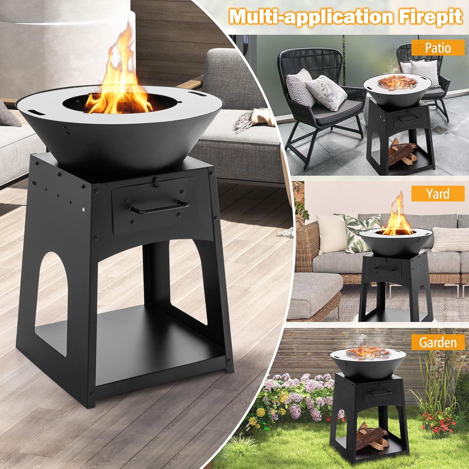 image:imageGiantex Outdoor Fire Pit with Grill Heavy Duty Wood Burning Fire Pit wFire Poker Gloves Grilling Rack Large Storage Compartment 2in1 BBQ FirePit for Outside Backyard Patio Black