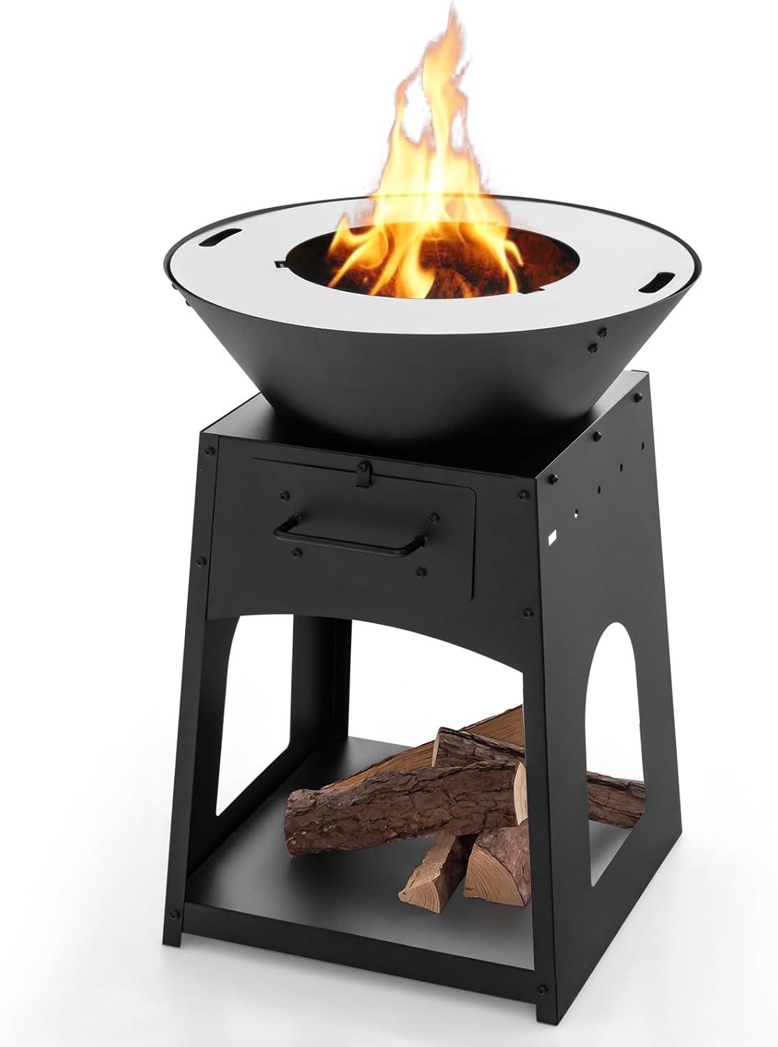 image:imageGiantex Outdoor Fire Pit with Grill Heavy Duty Wood Burning Fire Pit wFire Poker Gloves Grilling Rack Large Storage Compartment 2in1 BBQ FirePit for Outside Backyard Patio Black