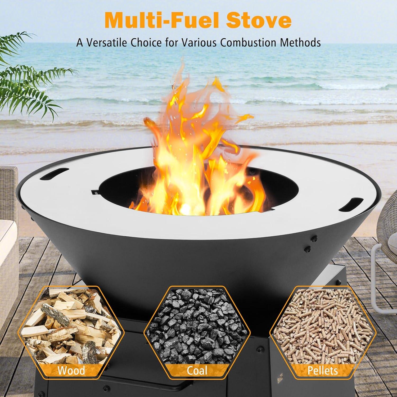 image:imageGiantex Outdoor Fire Pit with Grill Heavy Duty Wood Burning Fire Pit wFire Poker Gloves Grilling Rack Large Storage Compartment 2in1 BBQ FirePit for Outside Backyard Patio Black