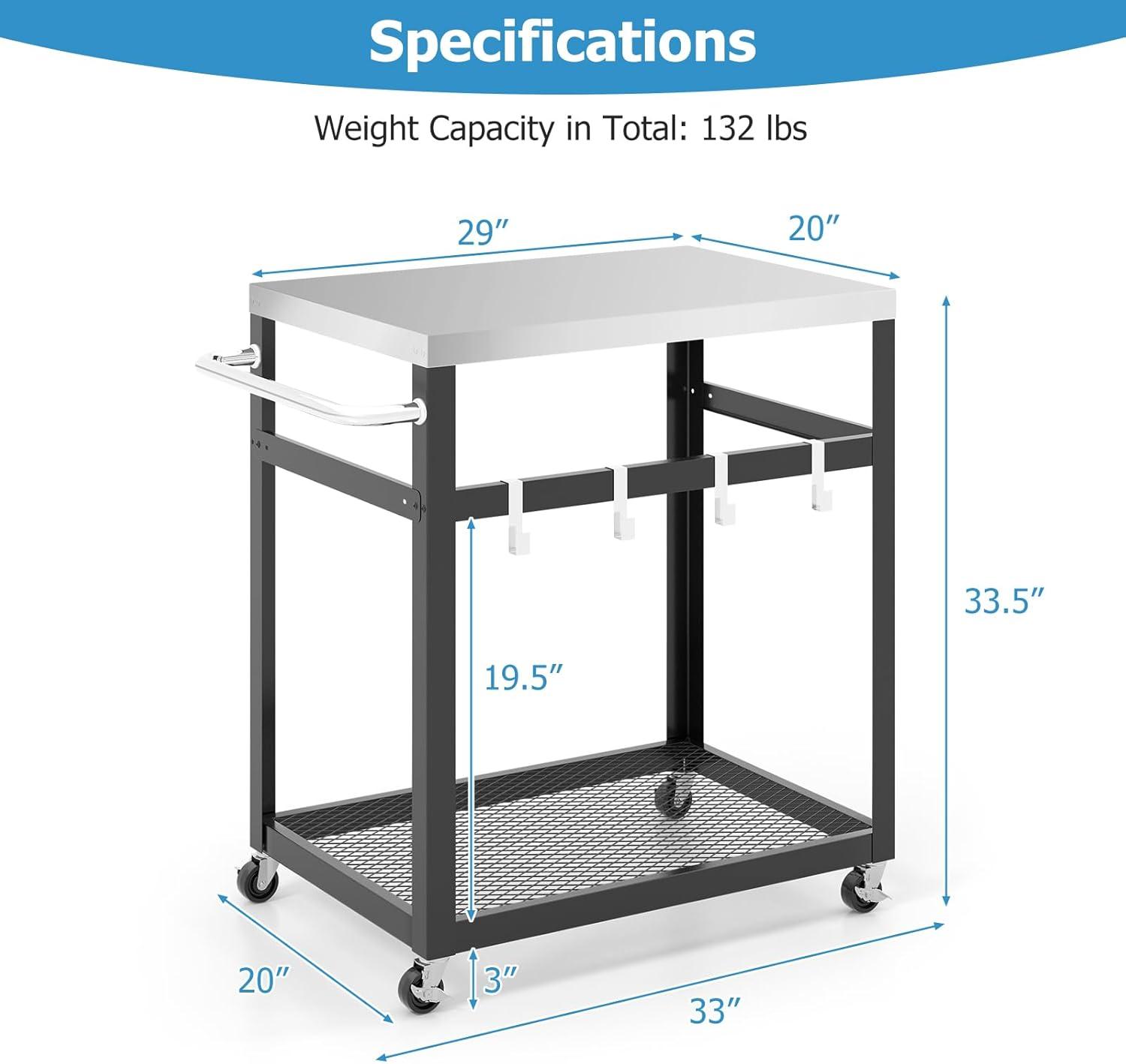 image:imageGiantex Outdoor Grill Cart Movable Pizza Oven Stand with Stainless Steel Top 2 Storage Shelves 9 Hooks Food Prep Cooking Table with Lockable Wheels Dinning Serving Cart for Kitchen BBQ Party29 x 20 2Tier