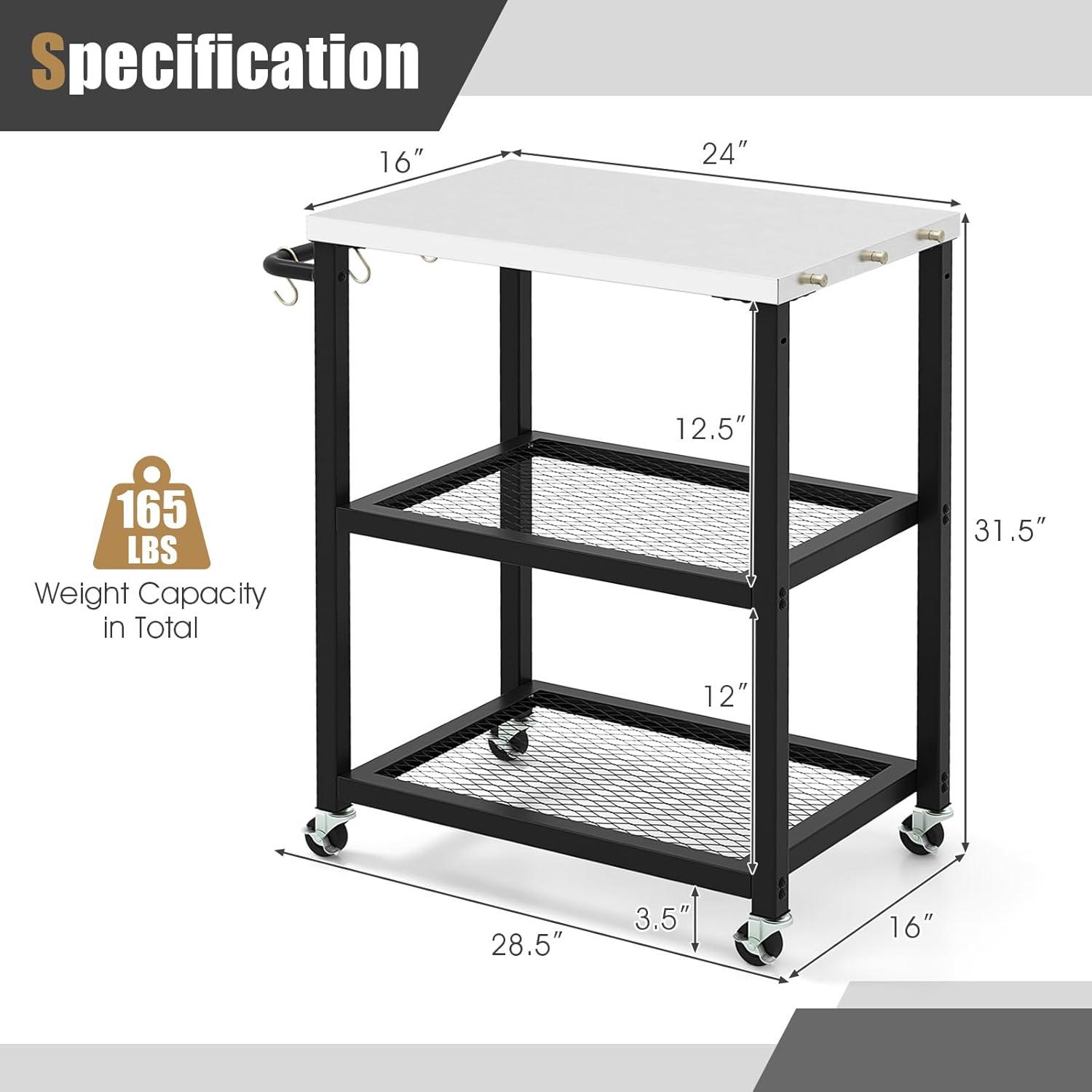 image:imageGiantex Outdoor Grill Cart Movable Pizza Oven Stand with Stainless Steel Top 2 Storage Shelves 9 Hooks Food Prep Cooking Table with Lockable Wheels Dinning Serving Cart for Kitchen BBQ Party24 x 16 3Tier