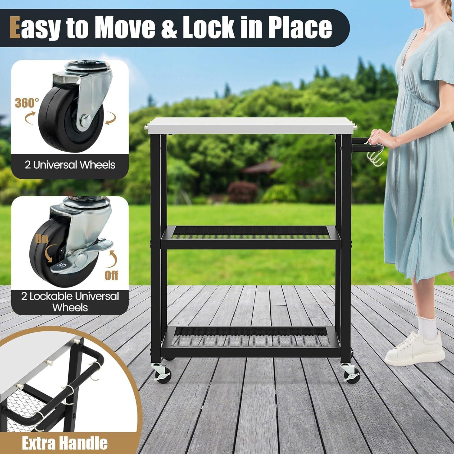 image:imageGiantex Outdoor Grill Cart Movable Pizza Oven Stand with Stainless Steel Top 2 Storage Shelves 9 Hooks Food Prep Cooking Table with Lockable Wheels Dinning Serving Cart for Kitchen BBQ Party24 x 16 3Tier