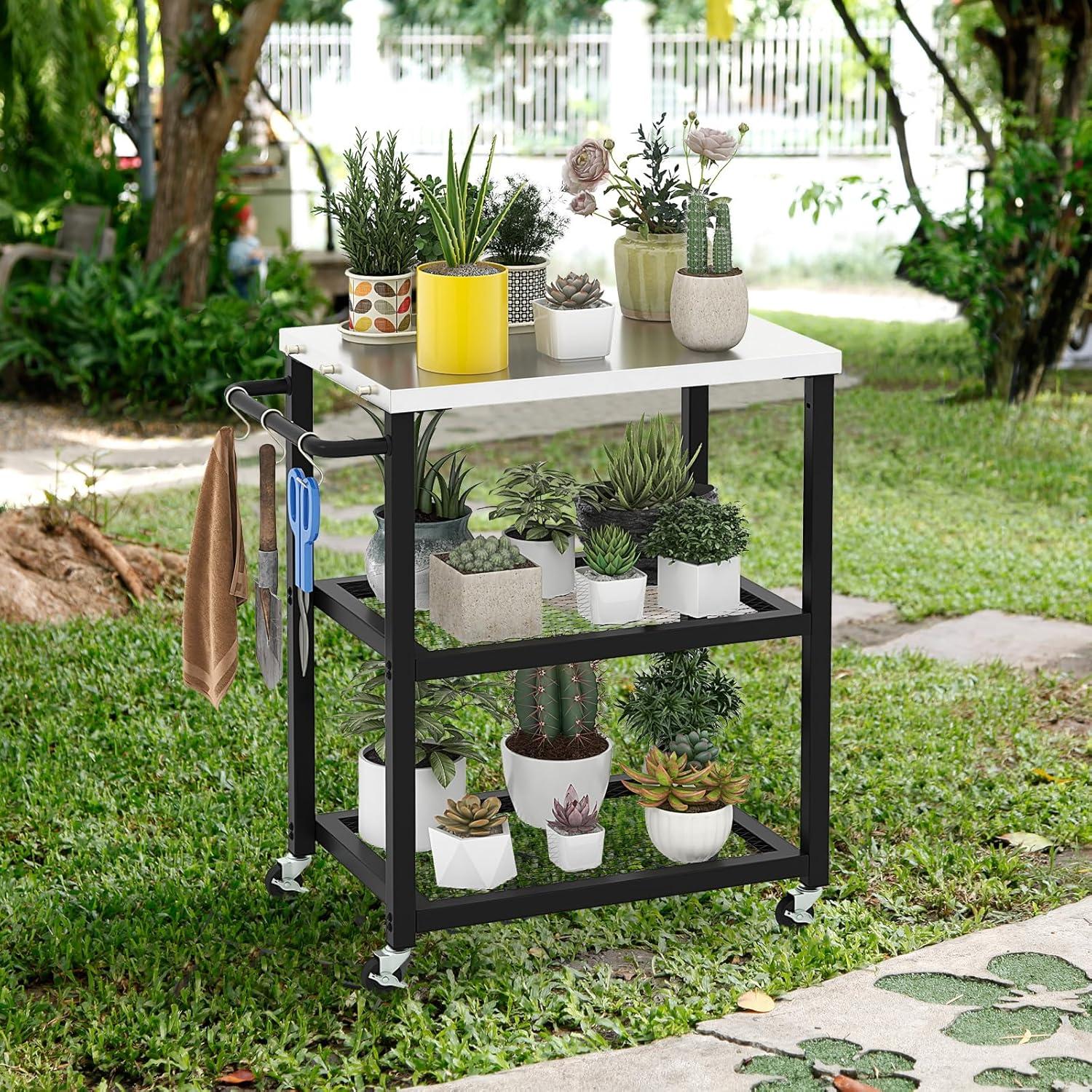 image:imageGiantex Outdoor Grill Cart Movable Pizza Oven Stand with Stainless Steel Top 2 Storage Shelves 9 Hooks Food Prep Cooking Table with Lockable Wheels Dinning Serving Cart for Kitchen BBQ Party24 x 16 3Tier