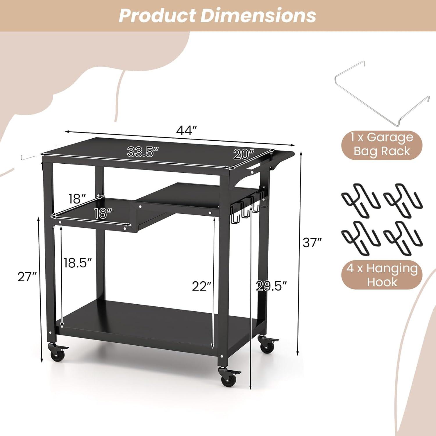 image:imageGiantex Outdoor Grill Cart Pizza Oven Stand Table with Lockable Wheels ThreeShelf Outdoor Cooking Prep Table with Garbage Bag Holder Removable Hooks Movable Dining Cart for Kitchen BBQ PartyThreeShelf
