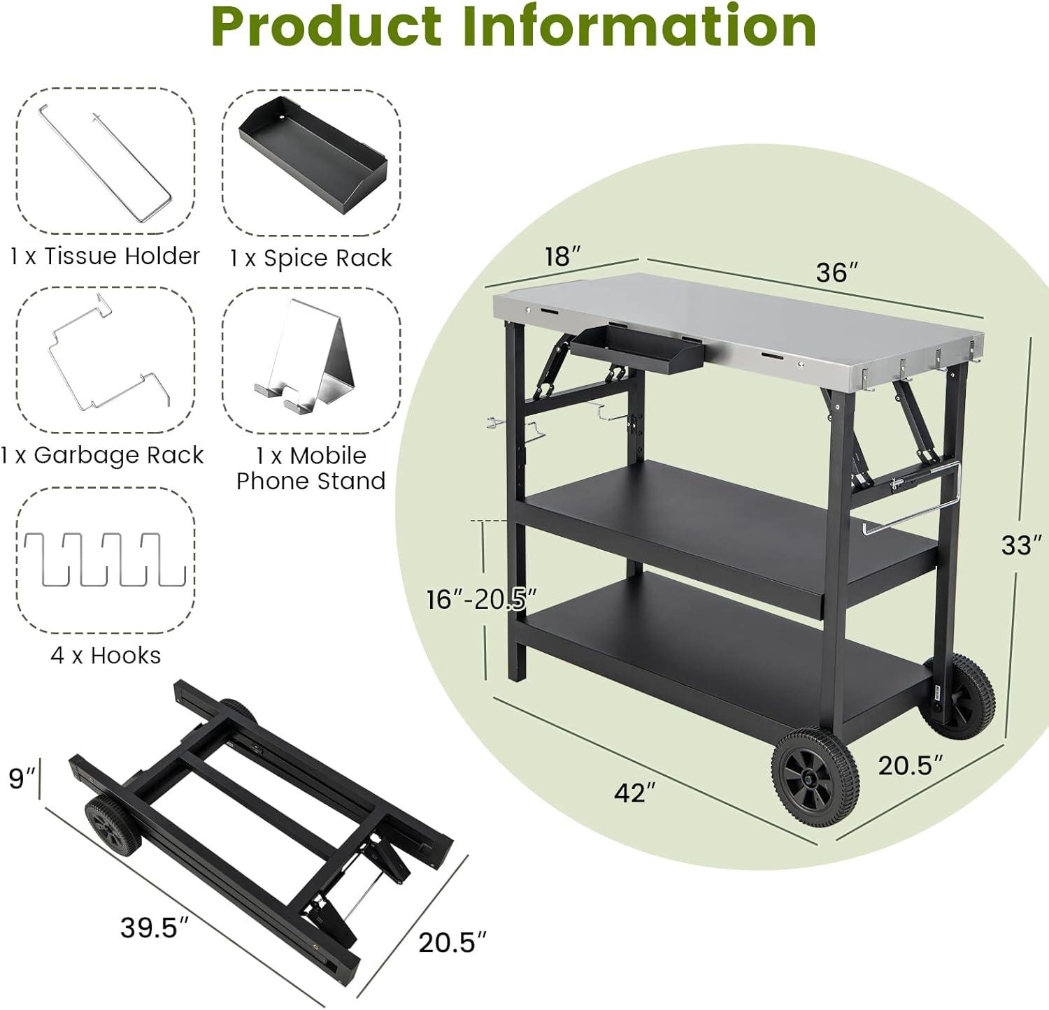 image:imageGiantex Outdoor Grill Cart with Wheels Food Prep Table with 3 Storage Shelves Detachable Spice Rack Garbage Bag Holder 4 Hooks Movable Dining Cart Worktable Trolley for Outside Kitchen BBQ