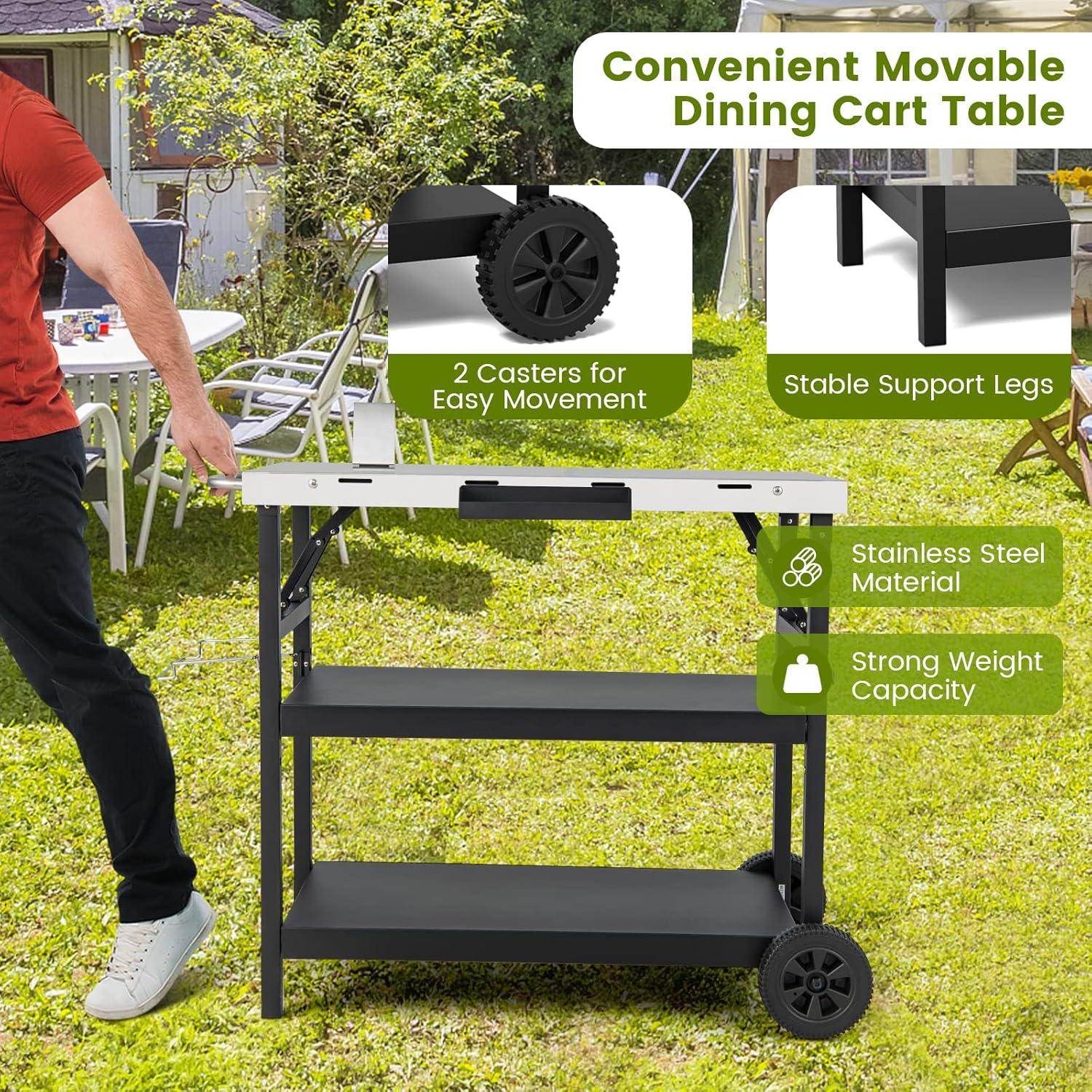 image:imageGiantex Outdoor Grill Cart with Wheels Food Prep Table with 3 Storage Shelves Detachable Spice Rack Garbage Bag Holder 4 Hooks Movable Dining Cart Worktable Trolley for Outside Kitchen BBQ