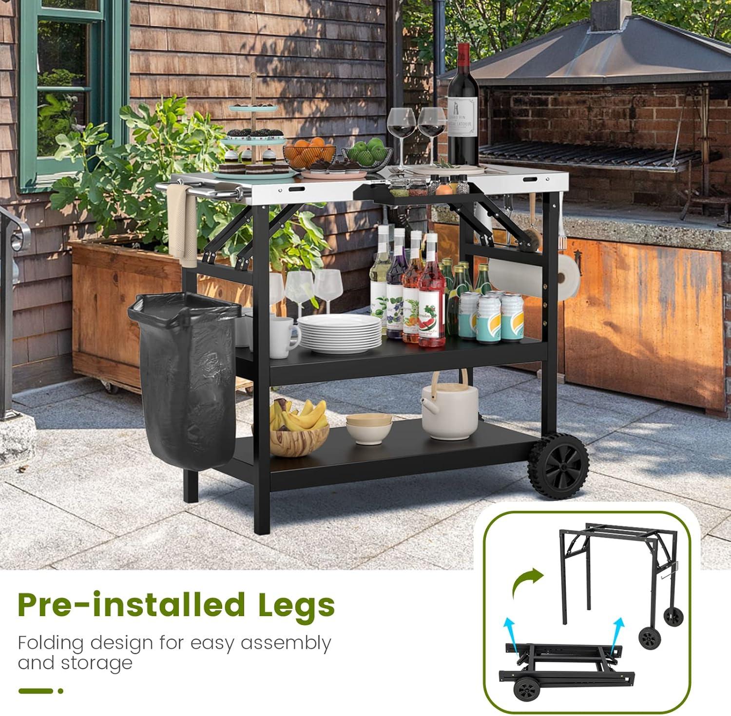 image:imageGiantex Outdoor Grill Cart with Wheels Food Prep Table with 3 Storage Shelves Detachable Spice Rack Garbage Bag Holder 4 Hooks Movable Dining Cart Worktable Trolley for Outside Kitchen BBQ