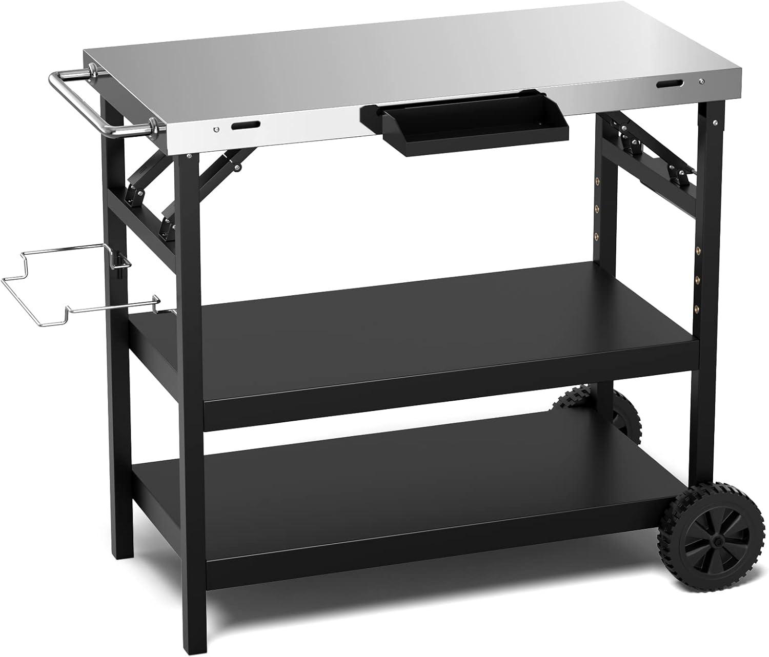 image:imageGiantex Outdoor Grill Cart with Wheels Food Prep Table with 3 Storage Shelves Detachable Spice Rack Garbage Bag Holder 4 Hooks Movable Dining Cart Worktable Trolley for Outside Kitchen BBQ