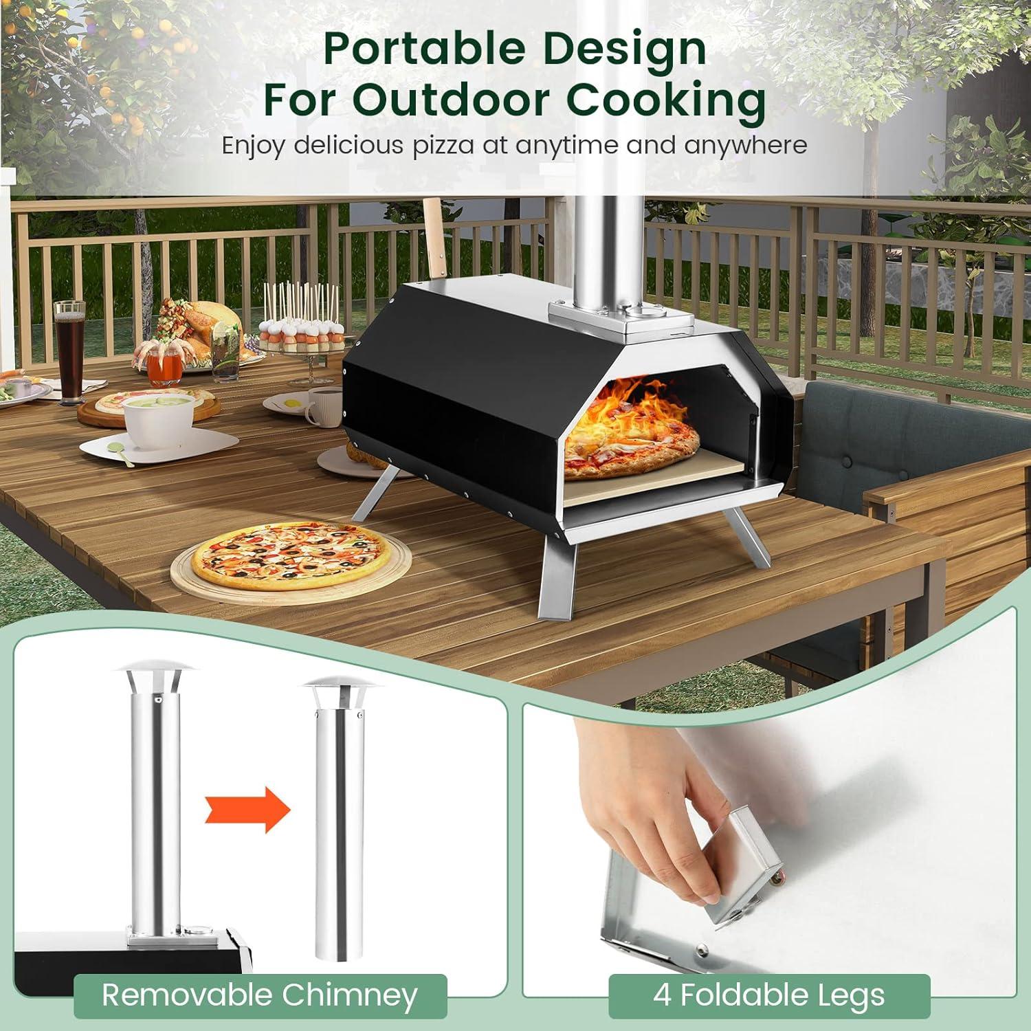 image:imageGiantex Outdoor Pizza Oven Wood Pellet Fired Grill With 12 Stone Peel Foldable Legs Portable Stainless Steel Maker for Camping Backyard Cooking Black amp SilverBlack Silver