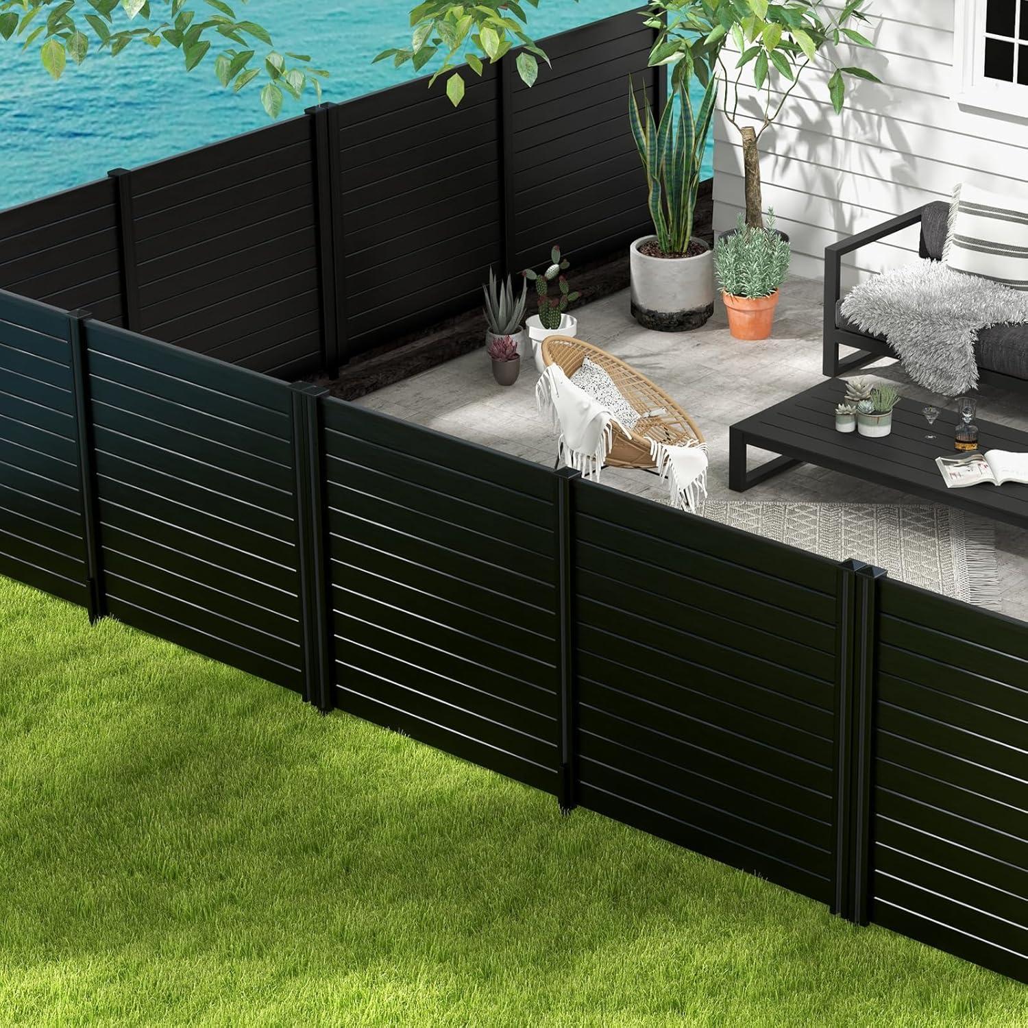 image:imageGiantex Outdoor Privacy Screen 2 Panels 48W x 48H Decorative Air Conditioner Fence Trash Can Enclosure with 3 Stakes Easy Assembly PVC Vinyl Picket Fences for Garden Patio Lawn Black
