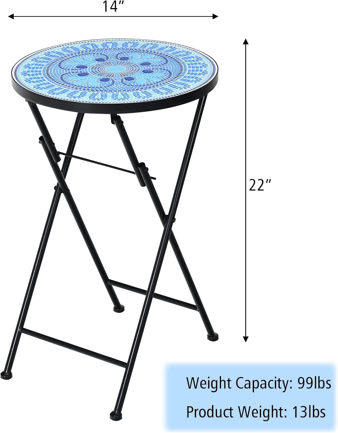 image:imageGiantex Outdoor Side Table Folding Mosaic Patio Table 14 Round Metal End Table wCeramic Tile Top Small Patio Table Accent Coffee Table for Porch Garden Balcony Plant Stand Indoor Outdoor Blue