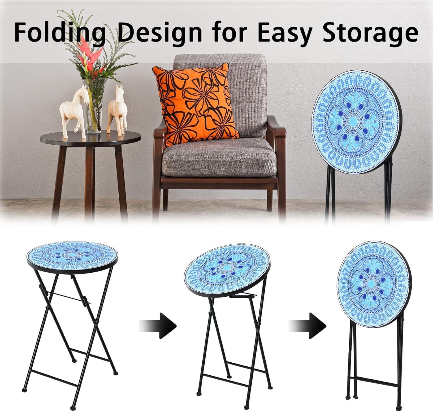 image:imageGiantex Outdoor Side Table Folding Mosaic Patio Table 14 Round Metal End Table wCeramic Tile Top Small Patio Table Accent Coffee Table for Porch Garden Balcony Plant Stand Indoor Outdoor Blue