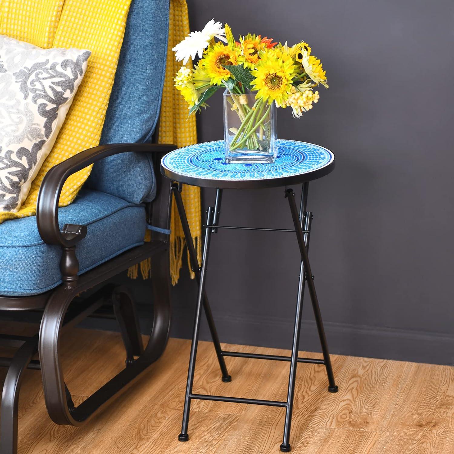 image:imageGiantex Outdoor Side Table Folding Mosaic Patio Table 14 Round Metal End Table wCeramic Tile Top Small Patio Table Accent Coffee Table for Porch Garden Balcony Plant Stand Indoor Outdoor Blue