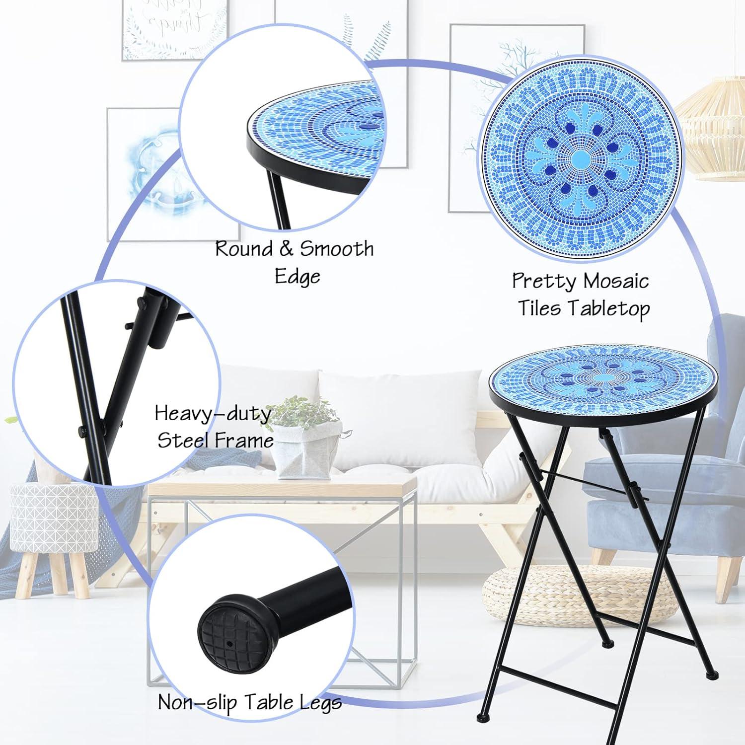 image:imageGiantex Outdoor Side Table Folding Mosaic Patio Table 14 Round Metal End Table wCeramic Tile Top Small Patio Table Accent Coffee Table for Porch Garden Balcony Plant Stand Indoor Outdoor Blue