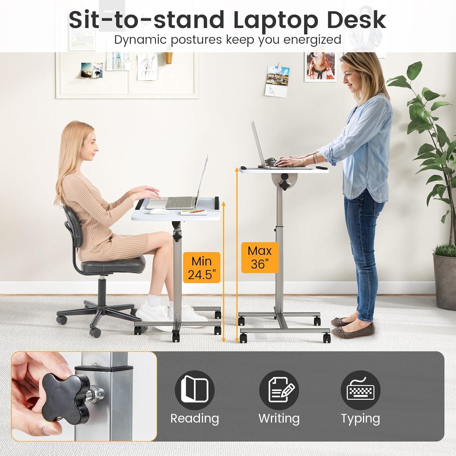 image:imageGiantex Overbed Table with Wheels Medical Adjustable Bedside Table Mobile Standing Desk Portable Laptop Table for Small Spaces Bed Trays Table for Eating Home Hospital BlackWhite