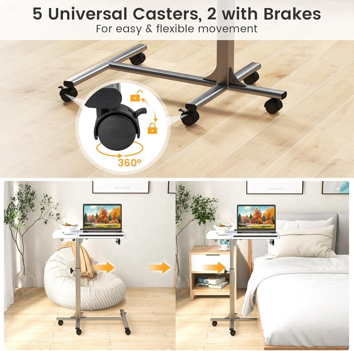 image:imageGiantex Overbed Table with Wheels Medical Adjustable Bedside Table Mobile Standing Desk Portable Laptop Table for Small Spaces Bed Trays Table for Eating Home Hospital BlackWhite