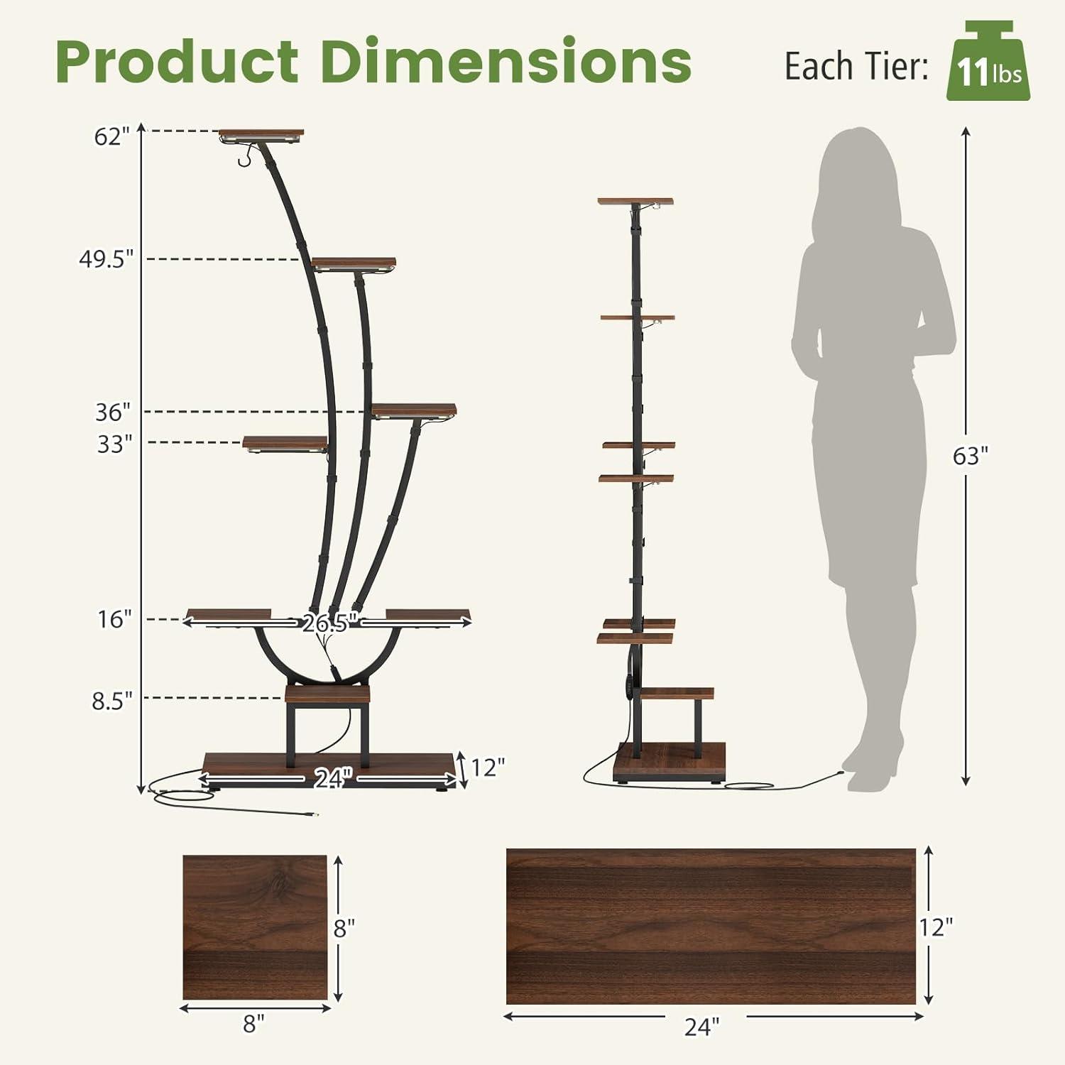 image:imageGiantex Plant Stand Indoor with Grow Lights 8Tier 62 Tall Corner Metal Plant Shelf for Multiple Plants Decorative Curved Flower Display Rack for Living Room Home Balcony Patio 11 Pack