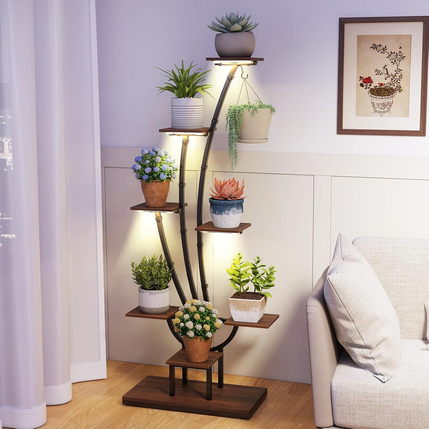 image:imageGiantex Plant Stand Indoor with Grow Lights 8Tier 62 Tall Corner Metal Plant Shelf for Multiple Plants Decorative Curved Flower Display Rack for Living Room Home Balcony Patio 11 Pack