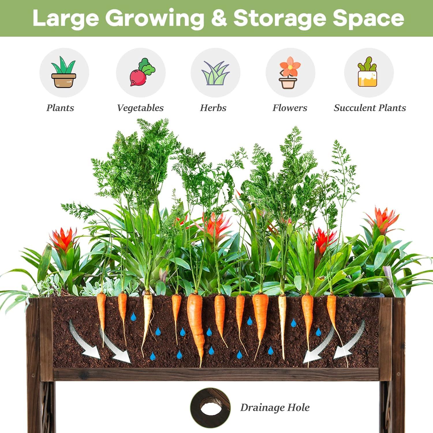image:imageGiantex Planter Raised Bed Elevated Potted Plant Rack WShelf Fence Wooden Standing Plant Container Box wTrellis for Vegetable Flower Herb Succulent Indoor Outdoor Patio Balcony BrownBrown