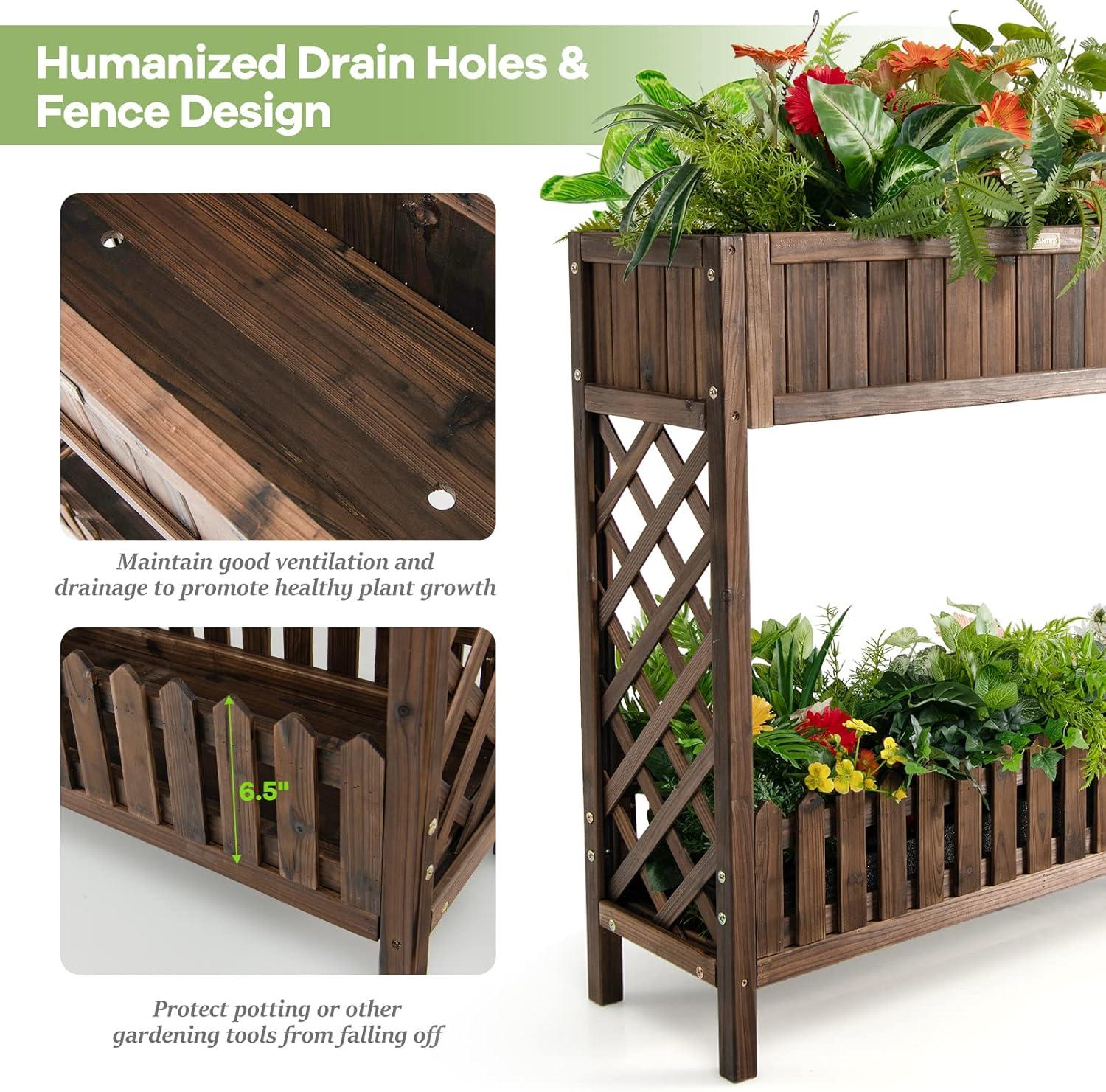 image:imageGiantex Planter Raised Bed Elevated Potted Plant Rack WShelf Fence Wooden Standing Plant Container Box wTrellis for Vegetable Flower Herb Succulent Indoor Outdoor Patio Balcony BrownBrown
