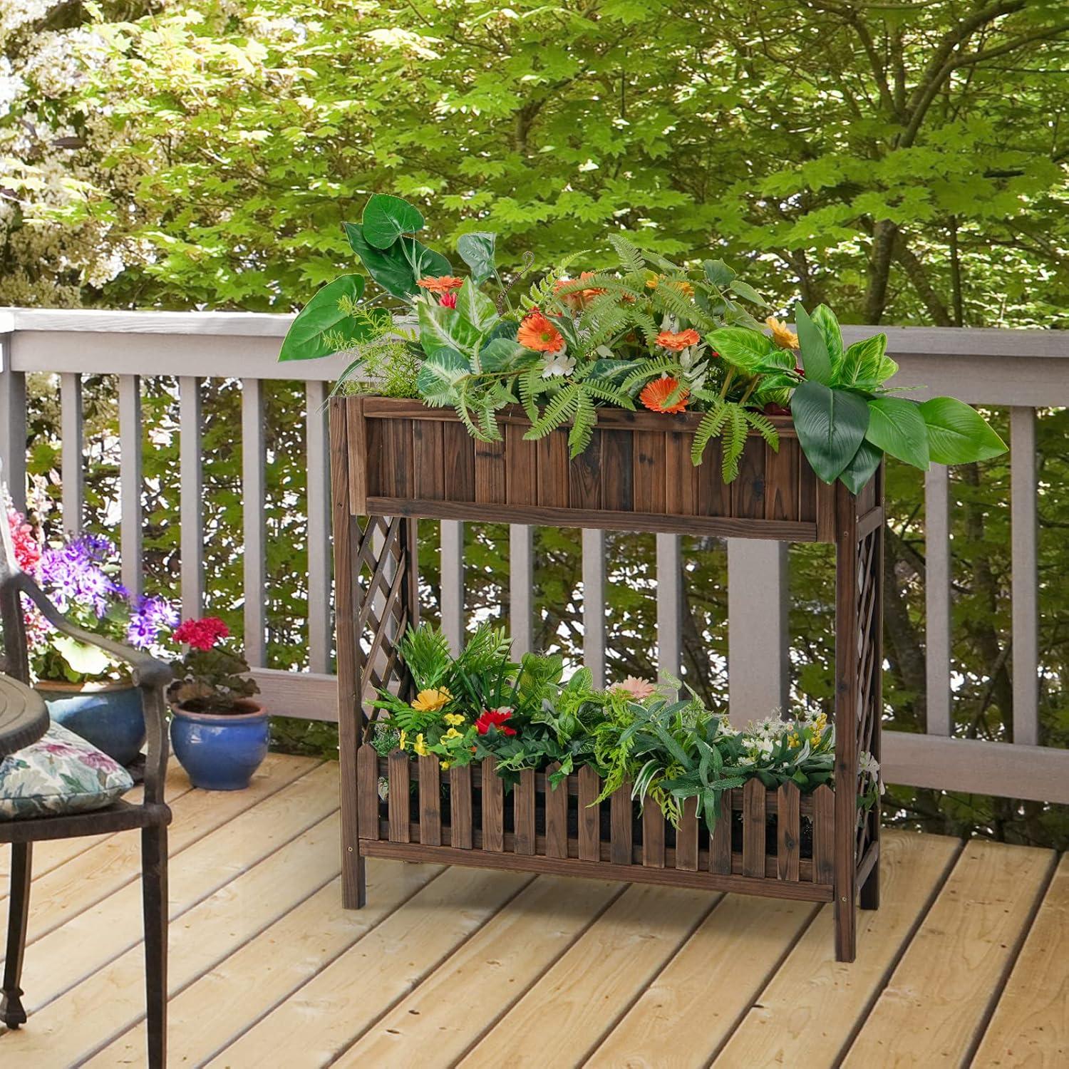 image:imageGiantex Planter Raised Bed Elevated Potted Plant Rack WShelf Fence Wooden Standing Plant Container Box wTrellis for Vegetable Flower Herb Succulent Indoor Outdoor Patio Balcony BrownBrown