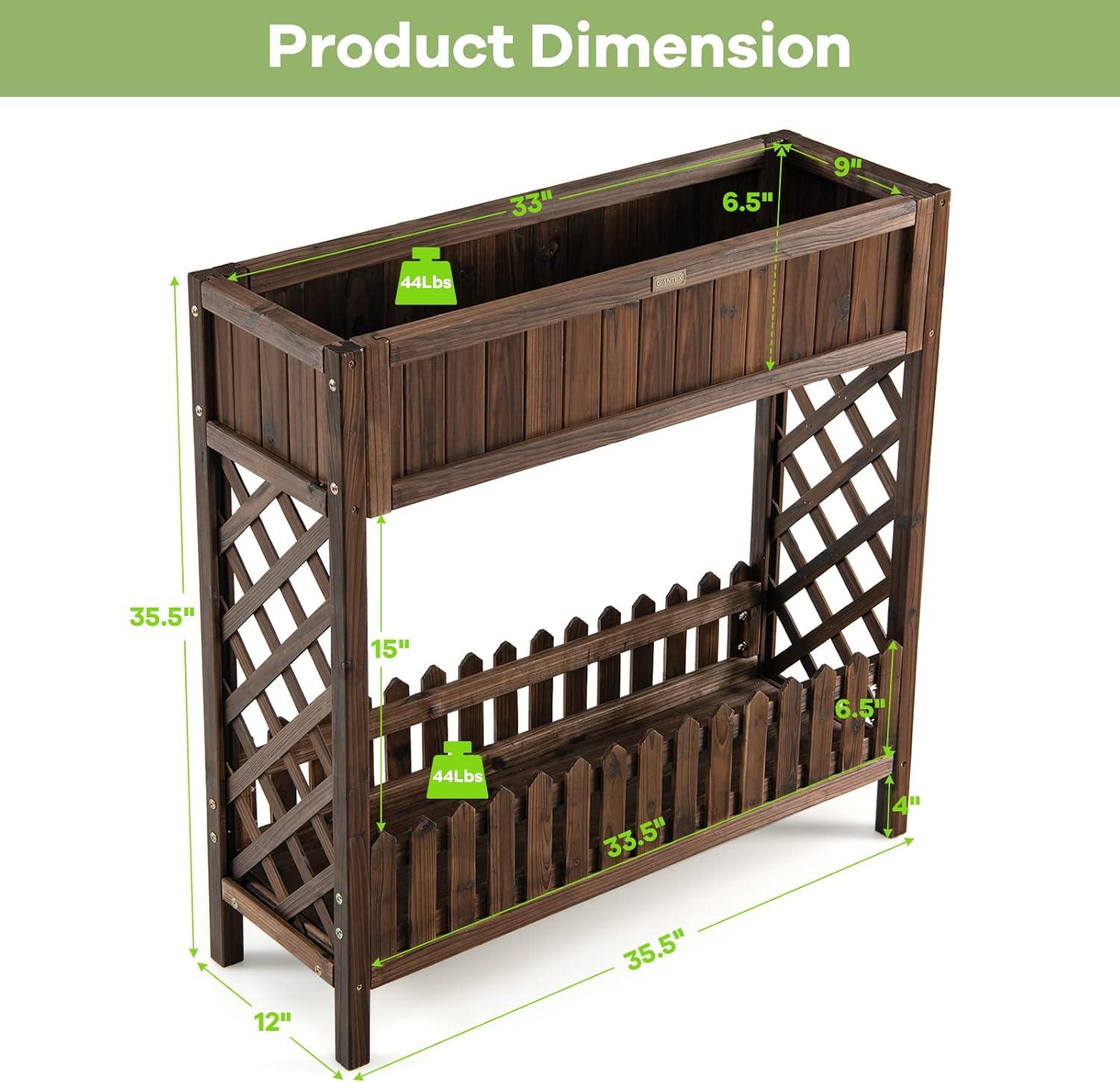 image:imageGiantex Planter Raised Bed Elevated Potted Plant Rack WShelf Fence Wooden Standing Plant Container Box wTrellis for Vegetable Flower Herb Succulent Indoor Outdoor Patio Balcony BrownBrown