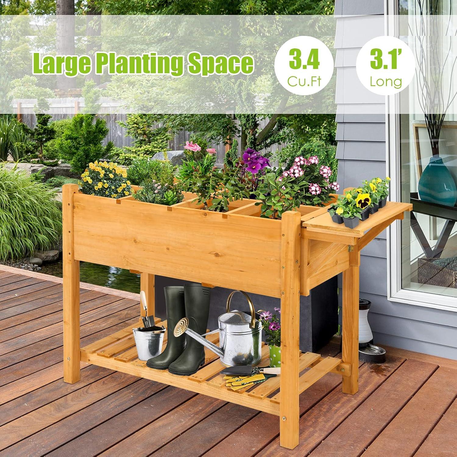 image:imageGiantex Planter Raised Bed Elevated Raised Garden Box with 8 Grids and Side Work Table Outdoor Wood Plant Container Backyard Patio 485 Lx21 Wx315 H485Lx21Wx315H
