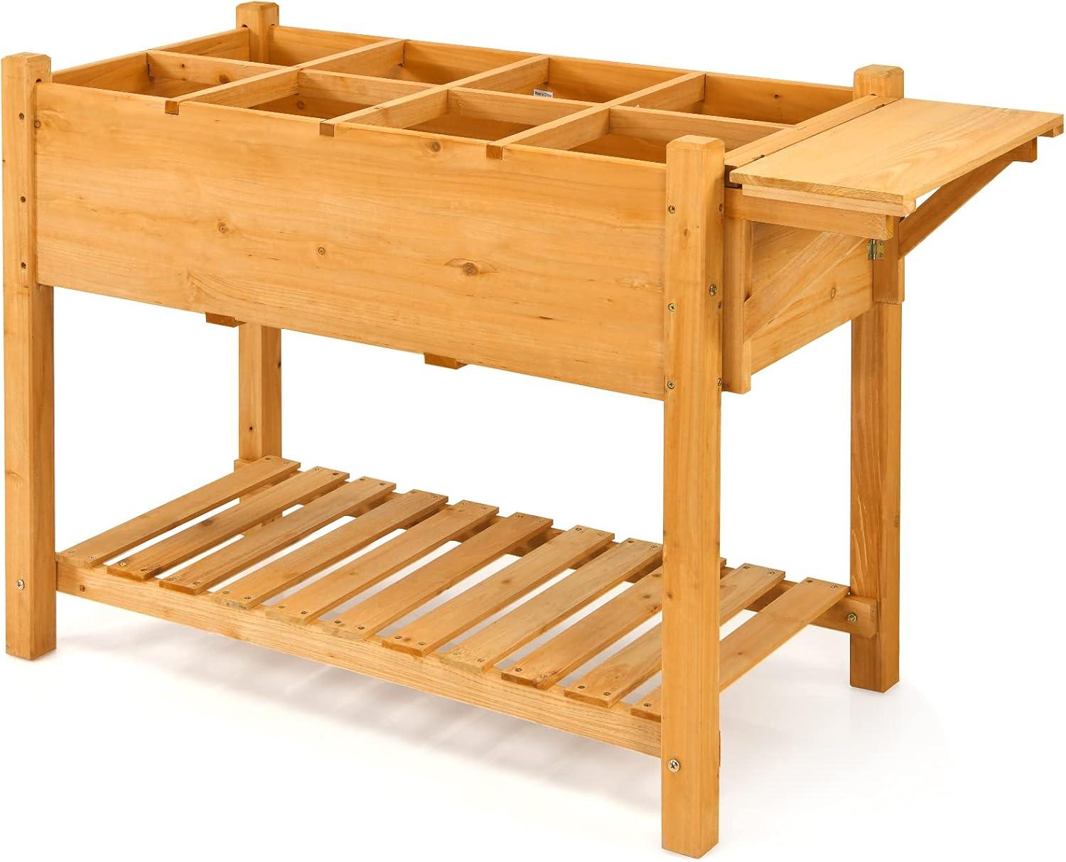 image:imageGiantex Planter Raised Bed Elevated Raised Garden Box with 8 Grids and Side Work Table Outdoor Wood Plant Container Backyard Patio 485 Lx21 Wx315 H485Lx21Wx315H