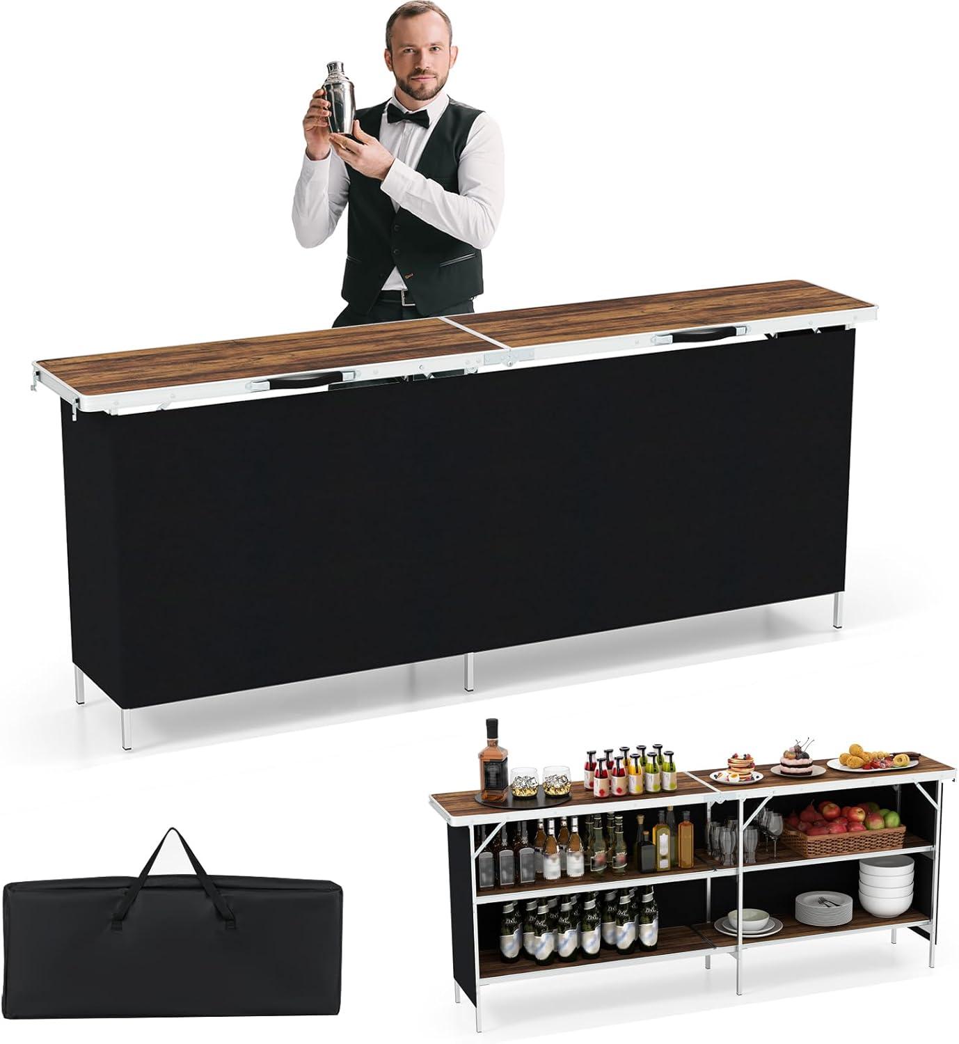 image:imageGiantex Portable Bar Table for Events Folding Mobile Bartending Station with Storage Shelves Removable Privacy Skirt Carrying Case for Parties Catering Trade Shows Coffee 435L x 345HCoffee