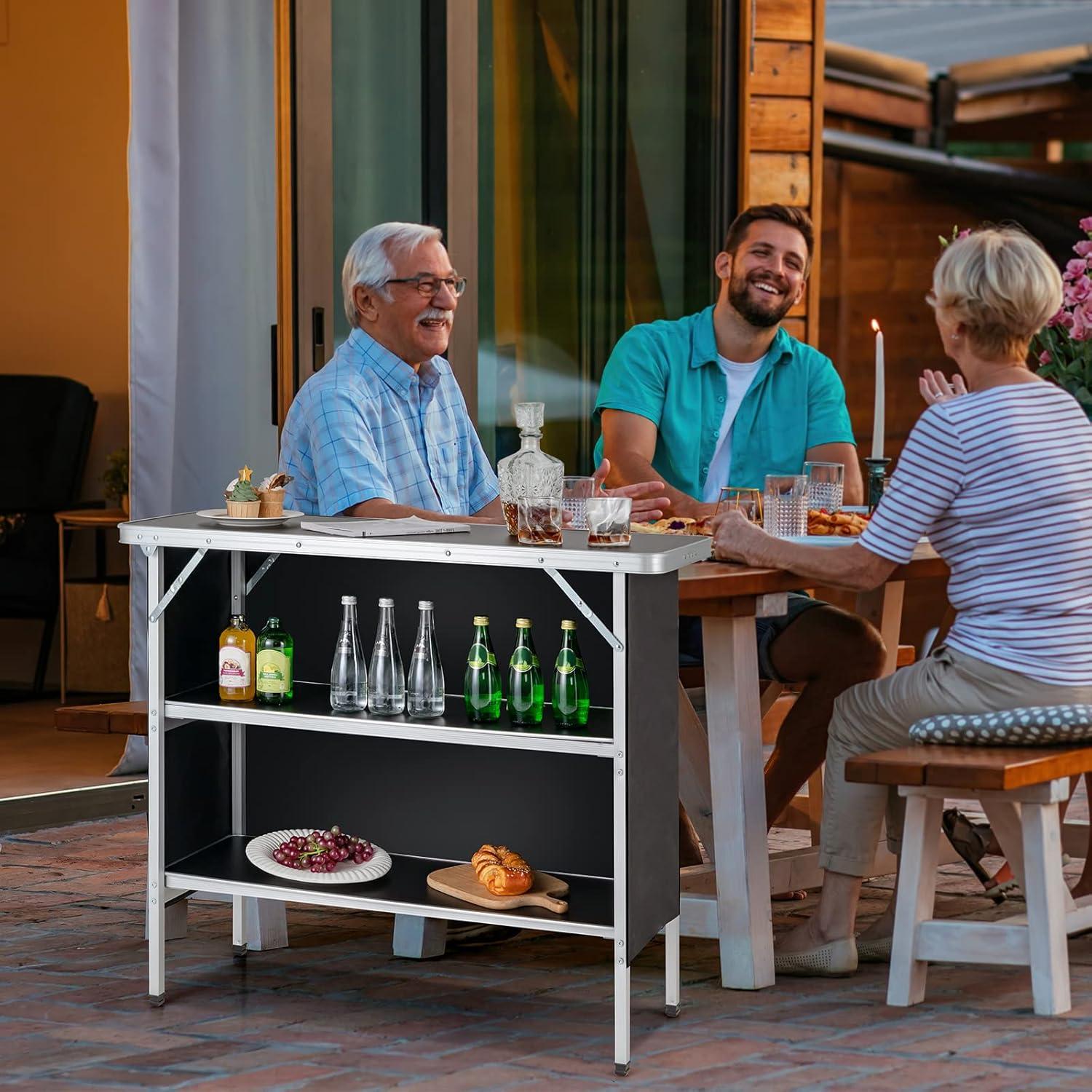 image:imageGiantex Portable Bar Table for Events Folding Mobile Bartending Station with Storage Shelves Removable Privacy Skirt Carrying Case for Parties Catering Trade Shows Coffee 435L x 345HBlack