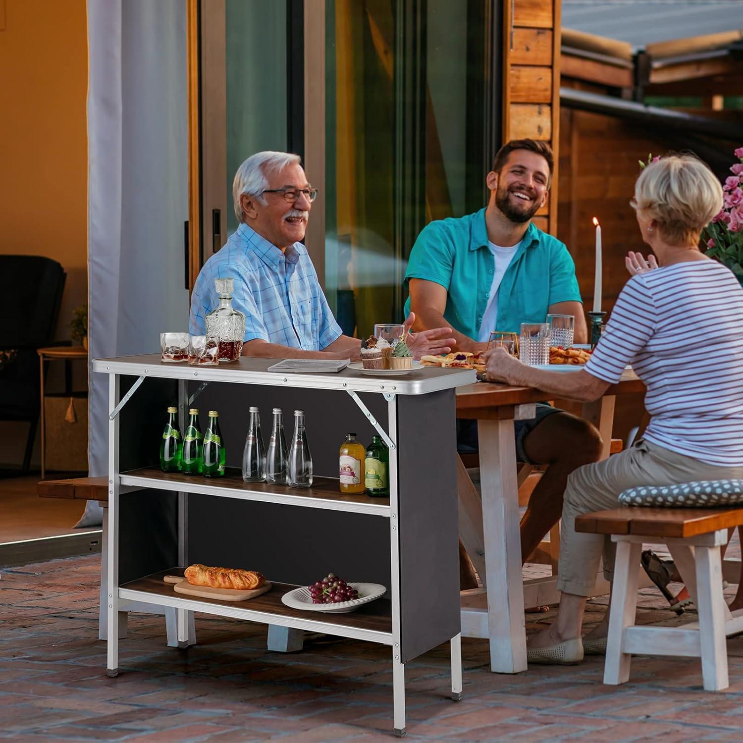 image:imageGiantex Portable Bar Table for Events Folding Mobile Bartending Station with Storage Shelves Removable Privacy Skirt Carrying Case for Parties Catering Trade Shows Coffee 435L x 345HCoffee