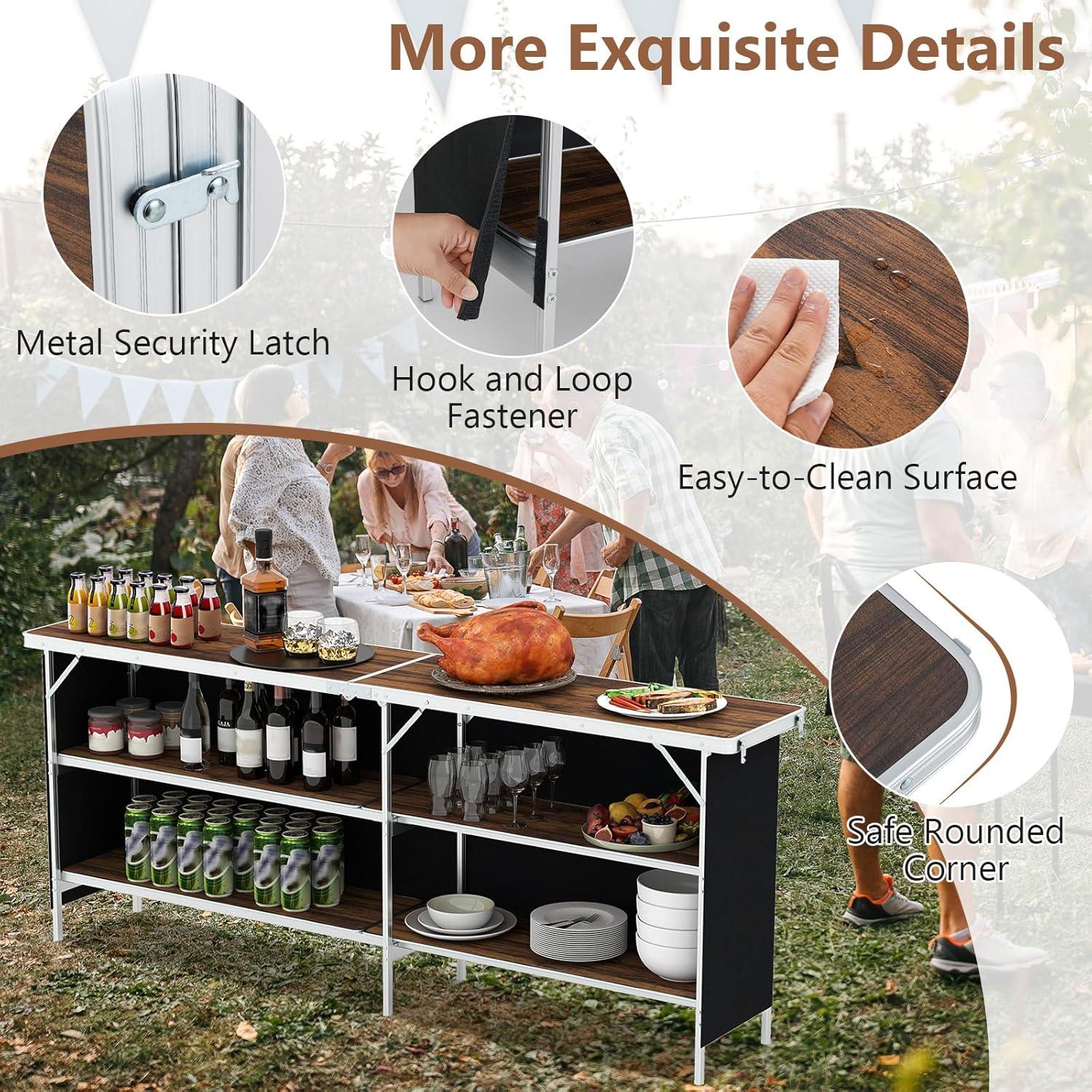 image:imageGiantex Portable Bar Table for Events Folding Mobile Bartending Station with Storage Shelves Removable Privacy Skirt Carrying Case for Parties Catering Trade Shows Coffee 435L x 345HCoffee