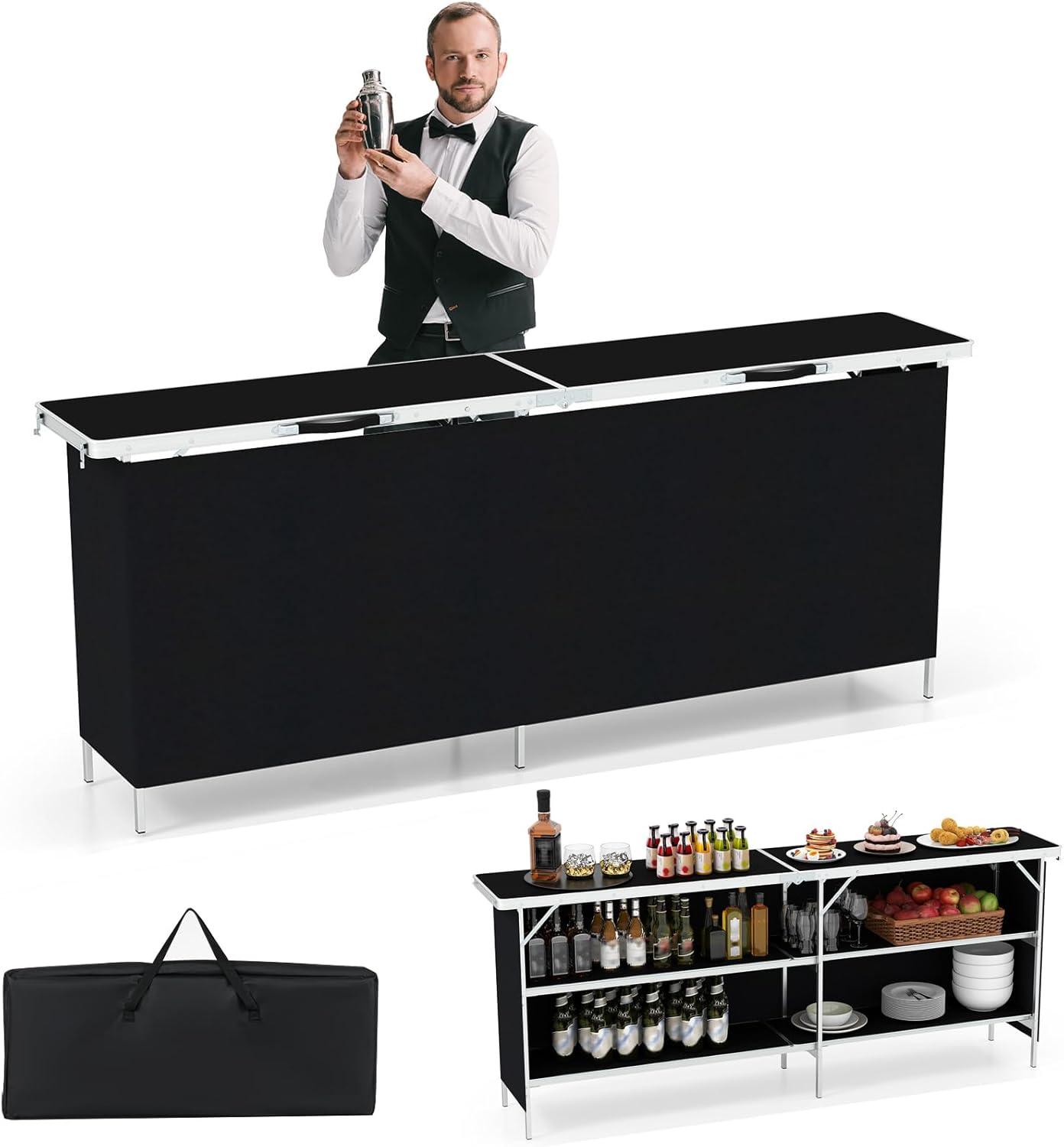image:imageGiantex Portable Bar Table for Events Folding Mobile Bartending Station with Storage Shelves Removable Privacy Skirt Carrying Case for Parties Catering Trade Shows Coffee 435L x 345HBlack