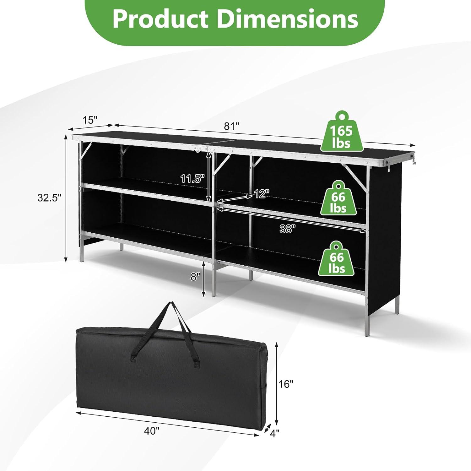 image:imageGiantex Portable Bar Table for Events Folding Mobile Bartending Station with Storage Shelves Removable Privacy Skirt Carrying Case for Parties Catering Trade Shows Coffee 435L x 345HBlack