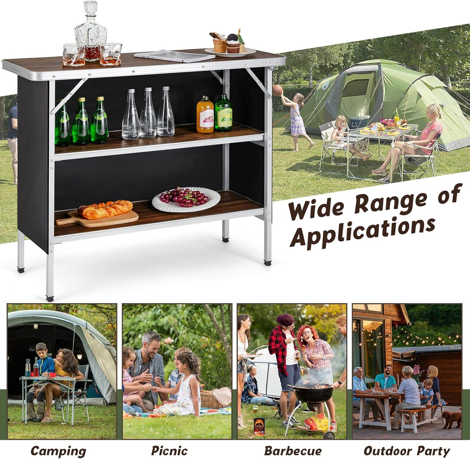 image:imageGiantex Portable Bar Table for Events Folding Mobile Bartending Station with Storage Shelves Removable Privacy Skirt Carrying Case for Parties Catering Trade Shows Coffee 435L x 345HCoffee