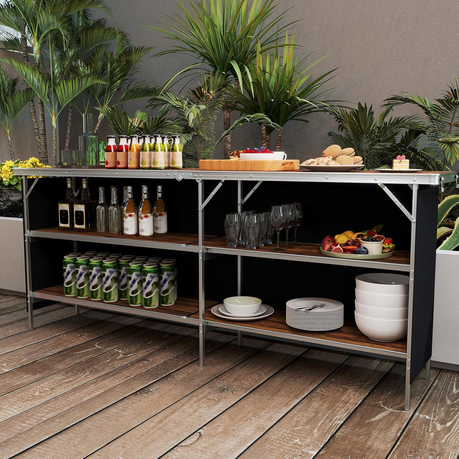 image:imageGiantex Portable Bar Table for Events Folding Mobile Bartending Station with Storage Shelves Removable Privacy Skirt Carrying Case for Parties Catering Trade Shows Coffee 435L x 345HCoffee